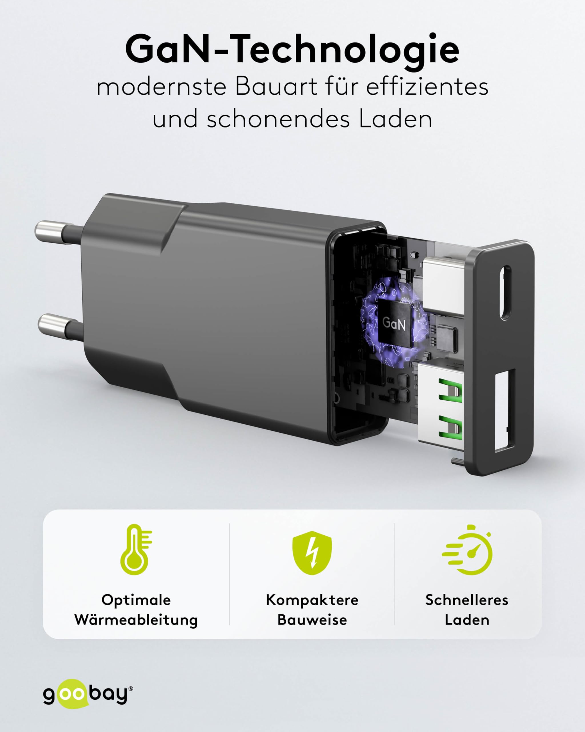 goobay Caricatore rapido USB-C PD GaN Dual Slim 20W (nero) Alimentatore Power Delivery, connettore USB-A Quick Charge, alimentatore di rete per smartphone e tablet - 75729