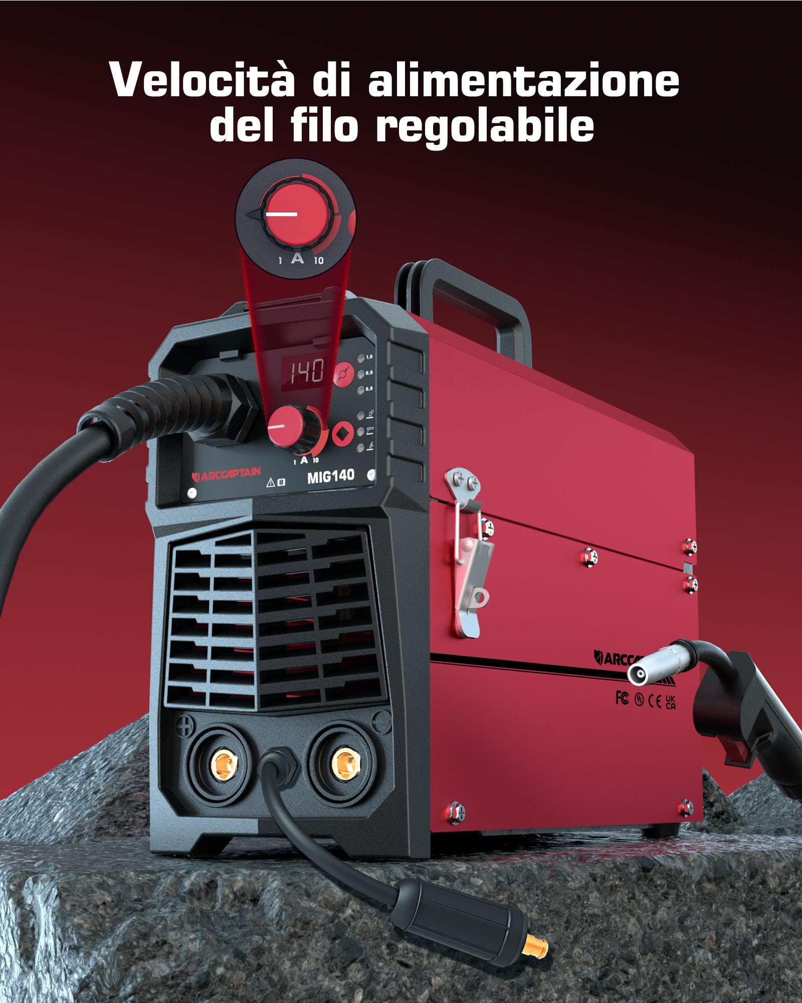 ARCCAPTAIN Saldatrice MIG MAG a Gas Inerte IGBT 140A AC230V Saldatrice a Filo Continuo 5 in 1 con filo animato (FCAW) /MMA E-Hand/Lift TIG con avanzamento filo sinergico e 1 kg di filo animato 0,8 mm