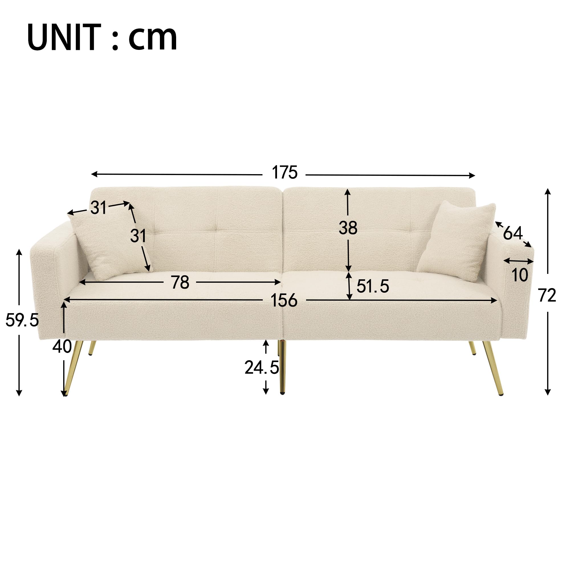 Sofá cama con función de cama, sofá de 2 plazas, ángulo ajustable, patas doradas, con cojines y bolsillos laterales de almacenamiento (Beige)