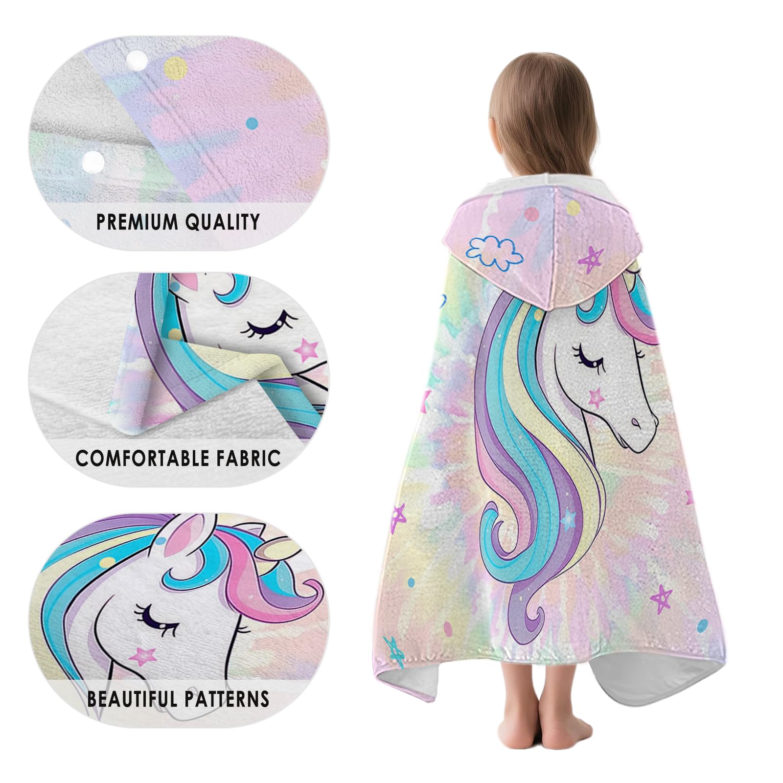 Toallas de baño con capucha de unicornio para niños, toalla ligera con capucha de secado rápido de 30 x 50 pulgadas, toallas de baño de teñido anudado para playa, alberca, viajes