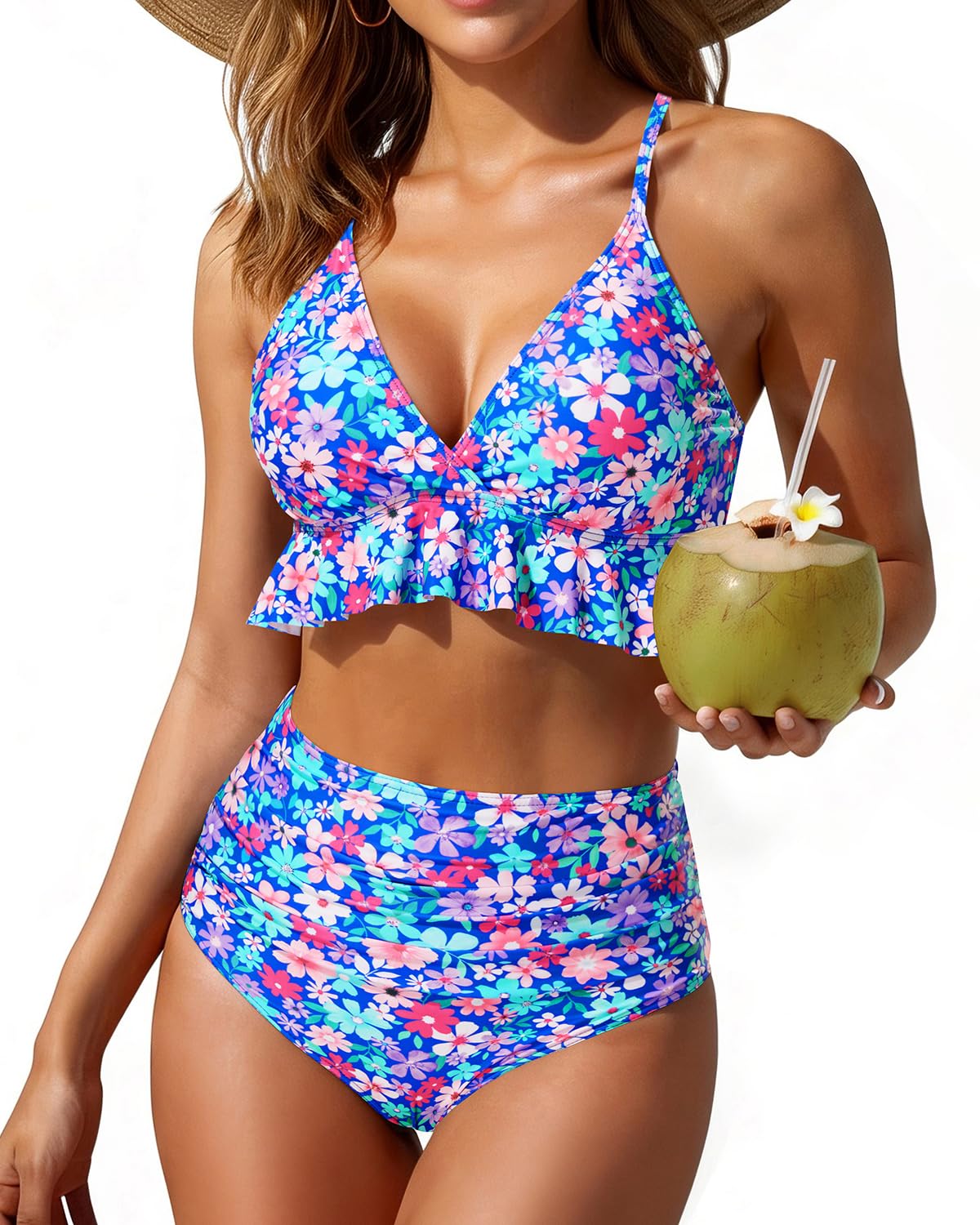 Photo 1 of Tempt Me Women Blue Floral High Waisted Ruffle Bikini Set Two Piece Swimsuits Flounce Tummy Control Bathing Suit M