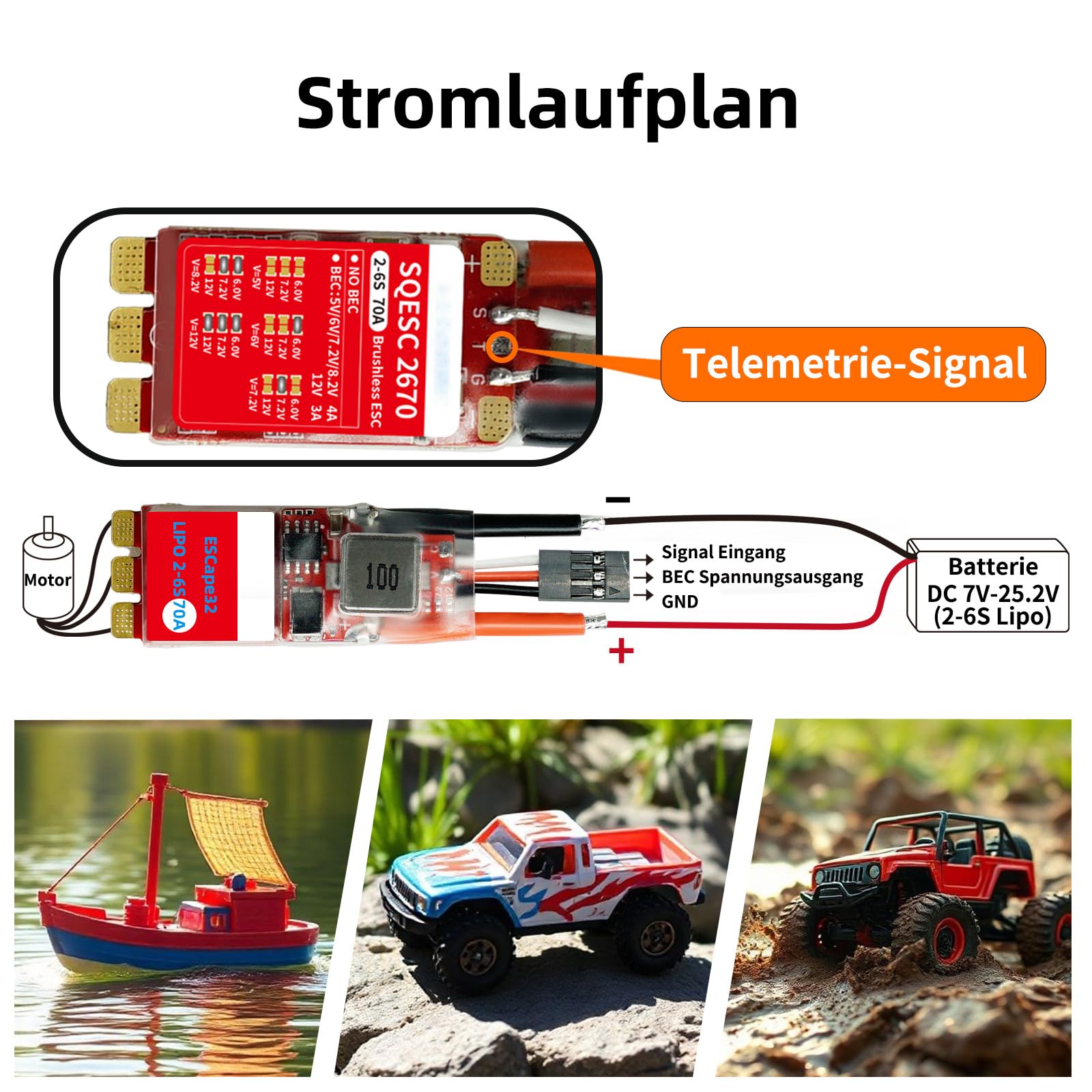 Bürstenloser ESC 2-6S Lipo, 70A Elektrischer Geschwindigkeitsregler 128KHz XT60 Stecker für RC Motor, ESC mit 5V 4A BEC für RC Raupenwagen, RC Auto Schiff Modelle - ESCape32