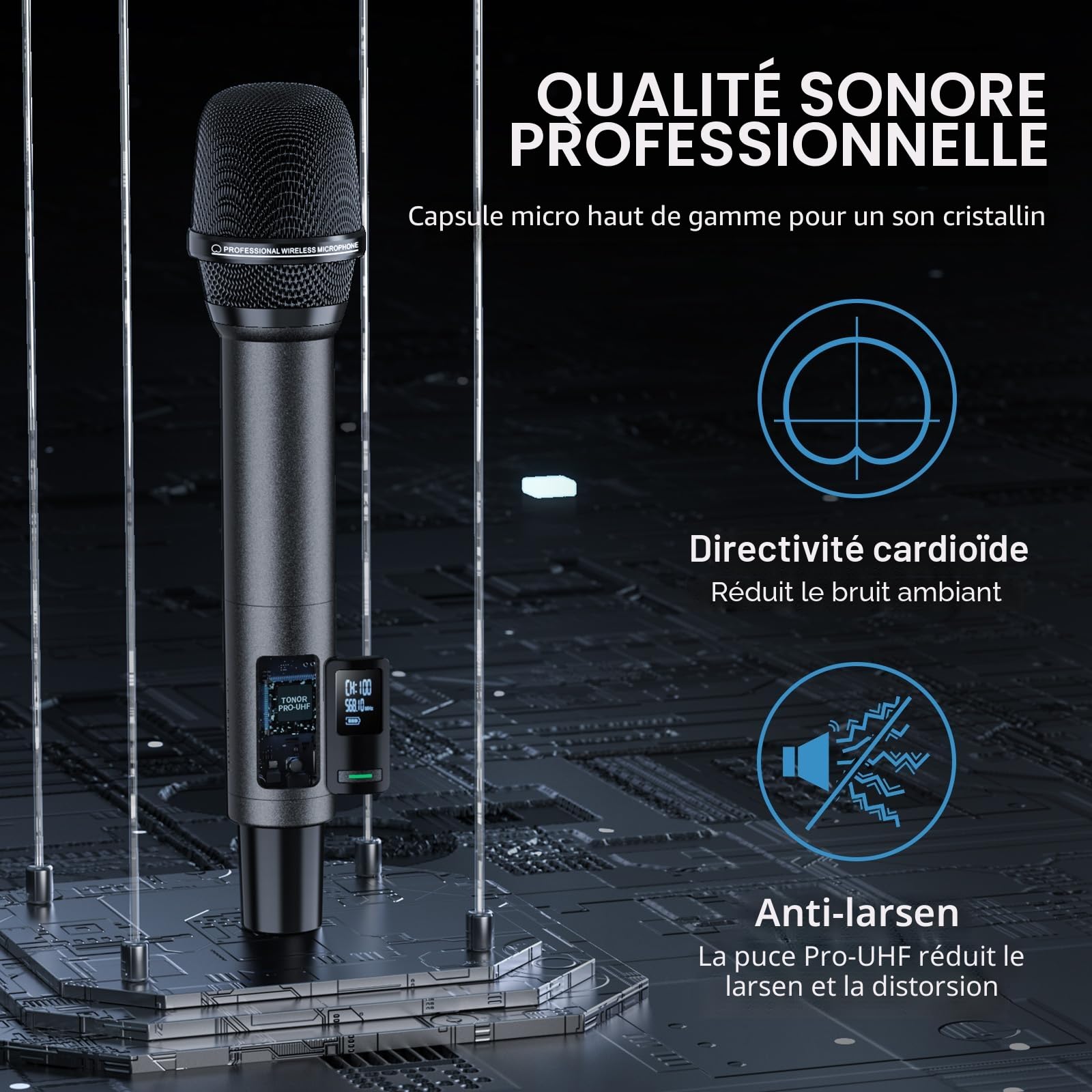 TONOR Système de Micro sans Fil, Microphone sans Fil Rechargeable Professionnel, Micro Dynamique sans Fil en Métal 2x100 UHF pour Karaoké/église/Chant/Mariage/DJ, Auto Scan, 80 M Range, TW550