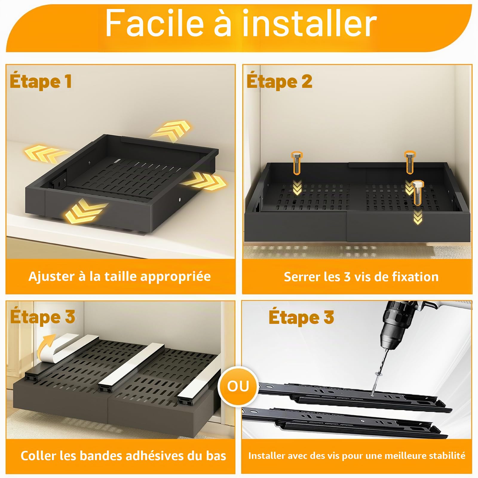 Lot de 2 Tiroirs Coulissants Cuisine-4 directions extensibles, Largeur 32–53 cm & Profondeur 41,5–61 cm, Tiroir Télescopique Métallique, Organisateur d'Armoire, Montage Adhésif/Vis, Noir