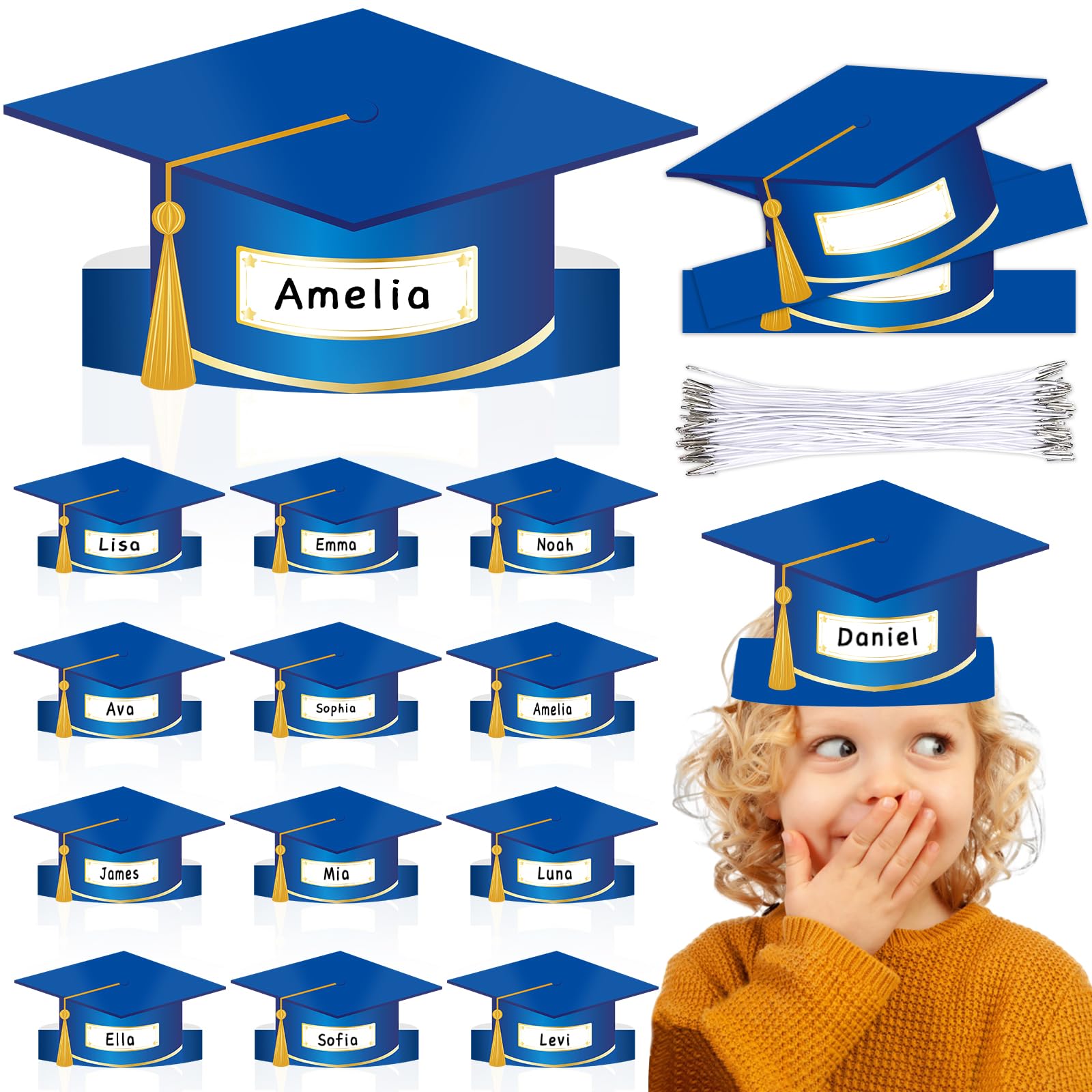 Qyeahkj 36 Sets Paper Graduation Hats for Kids Class of 2026 Adjustable Graduation Cap Headband with Elastic String Kindergarten Preschool Graduate