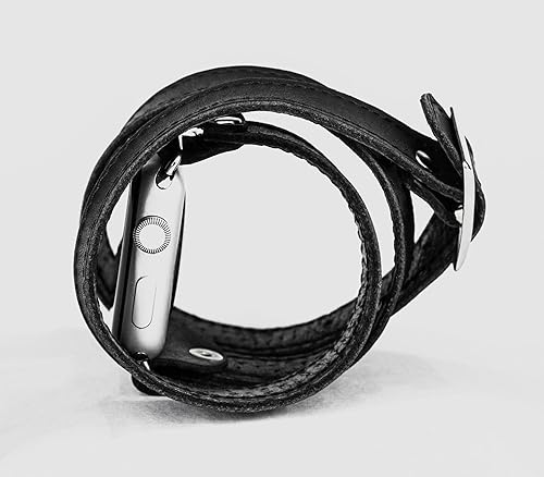 Miniatura 9 de Leather double wrap band strap compatible with Apple watch 38mm 40mm 41mm 42mm 44mm 45mm 49mm, Handmade UA 1875st (black leather black thread