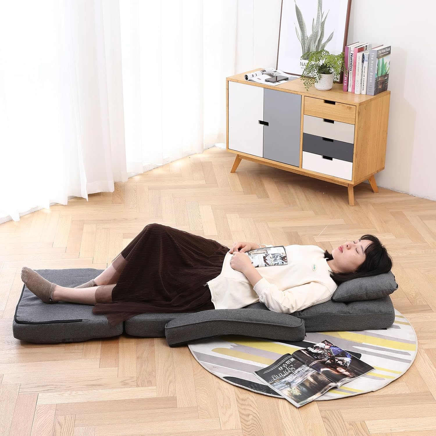 Indoor Floor Chair with Armrest and Pillow Folding Chaise Lounge Sofa 14-Position Adjustable Comfy Gaming Recliner Chair Padded Seats for Adults (Grey)