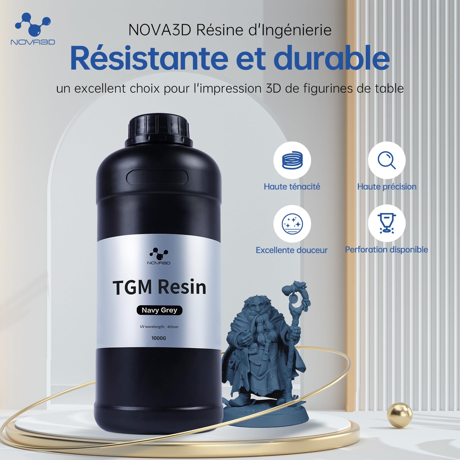 NOVA3D Résine photopolymère TGM 16K, résistance aux chocs et détails ultra-précis, idéal pour les modèles de jeu de société, durcissement rapide, avec une odeur minimale, 1 kg, gris marine