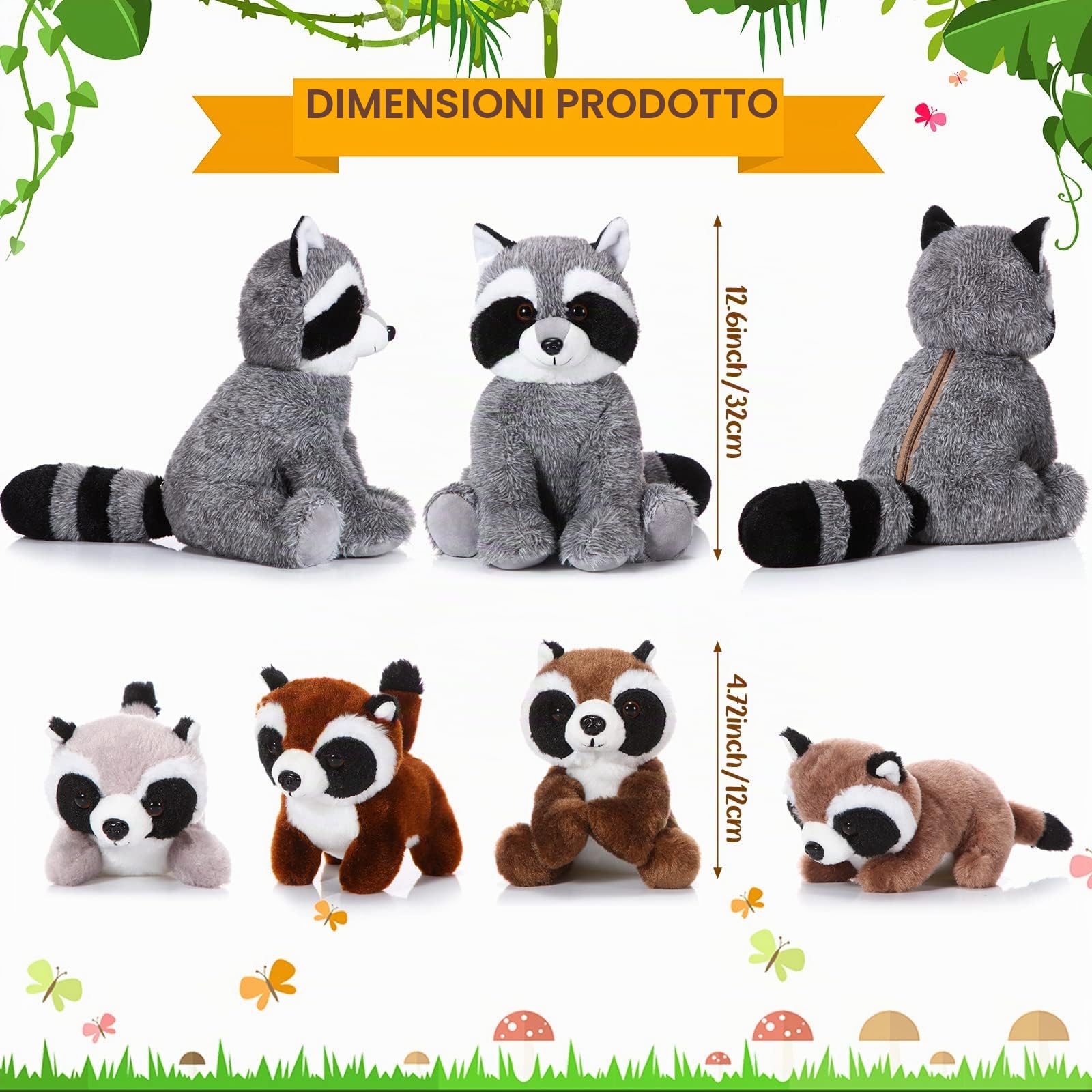 Set di 5 Animali di Peluche di Procione 32 cm Pupazzo di Procione Mamma con 4 Cuccioli di Orso Lavatore nella Pancia Regali per Compleanno a Tema del Bosco per Ragazzi (Stile Carino)