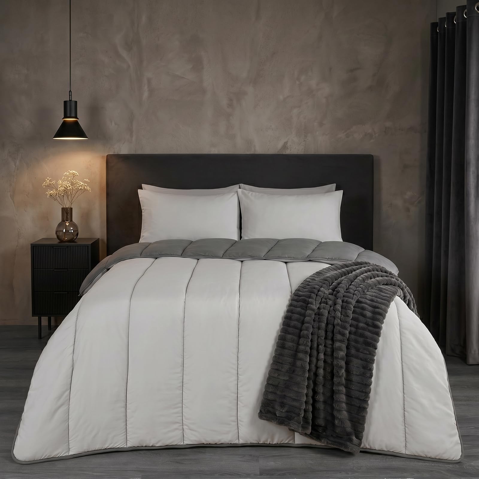 Ohs Grey/Silver Coverless Duvet Double 10.5 Tog, Reversible Washable Coverless Duvet Summer Winter Soft Warm Camping Blanket Comfy Quilt Bedding Double Duvets With Pillowcases,