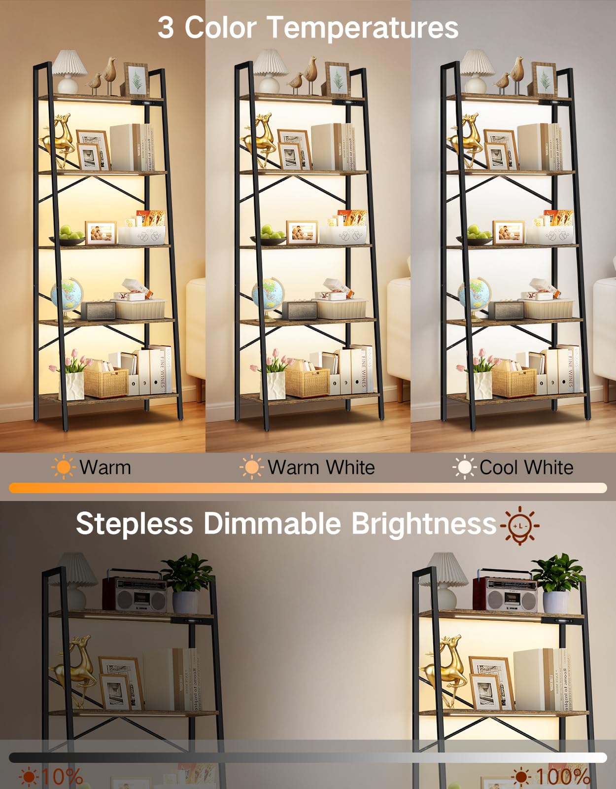 Estantería de Escalera Ancha de 5 Niveles con Luces LED, Control Táctil y Remoto, 3 Temperaturas de Color, Librería Esquinera Alta Regulable de Metal y Madera para Salón y Dormitorio