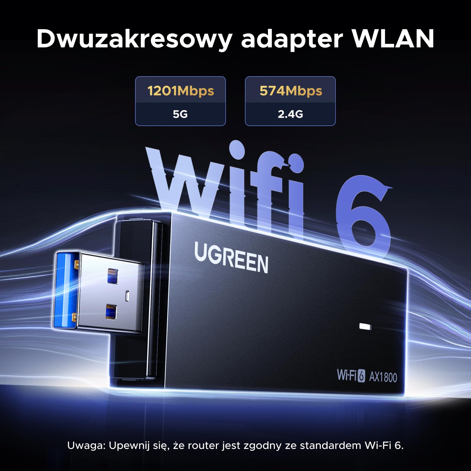 UGREEN WLAN Stick AX1800 WiFi 6 WLAN Adapter PC Dual Band 5GHz/2,4GHz, wbudowany sterownik, doskonałe odprowadzanie ciepła, OFDMA+MU-MIMO, WPA3, USB WLAN Stick kompatybilny z Windows 11/10