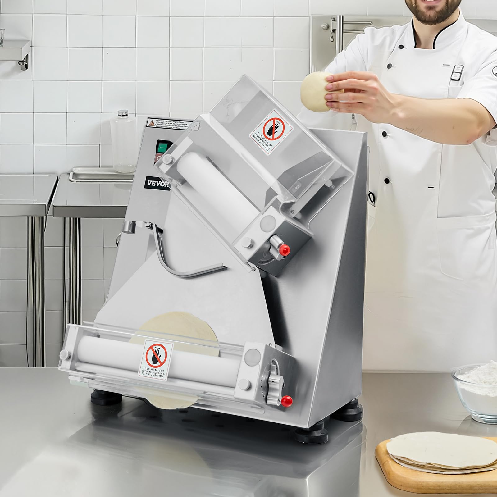 VEVOR Formeuse à pizzas, 7,6 à 35,5 cm, presse à pâte électrique commerciale 370 W, 260 feuilles par heure, laminoir à pâte à pizza automatique en acier inoxydable, épaisseur réglable, avec couvercle