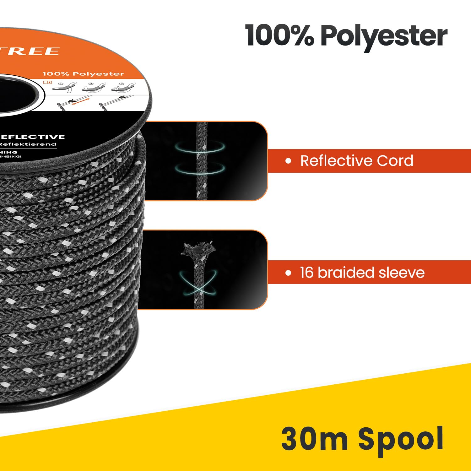 Corde Tente Brotree 30m X 3mm – Réfléchissante Rouge, Avec 6 Tendeurs Alu, Résistante 200kg