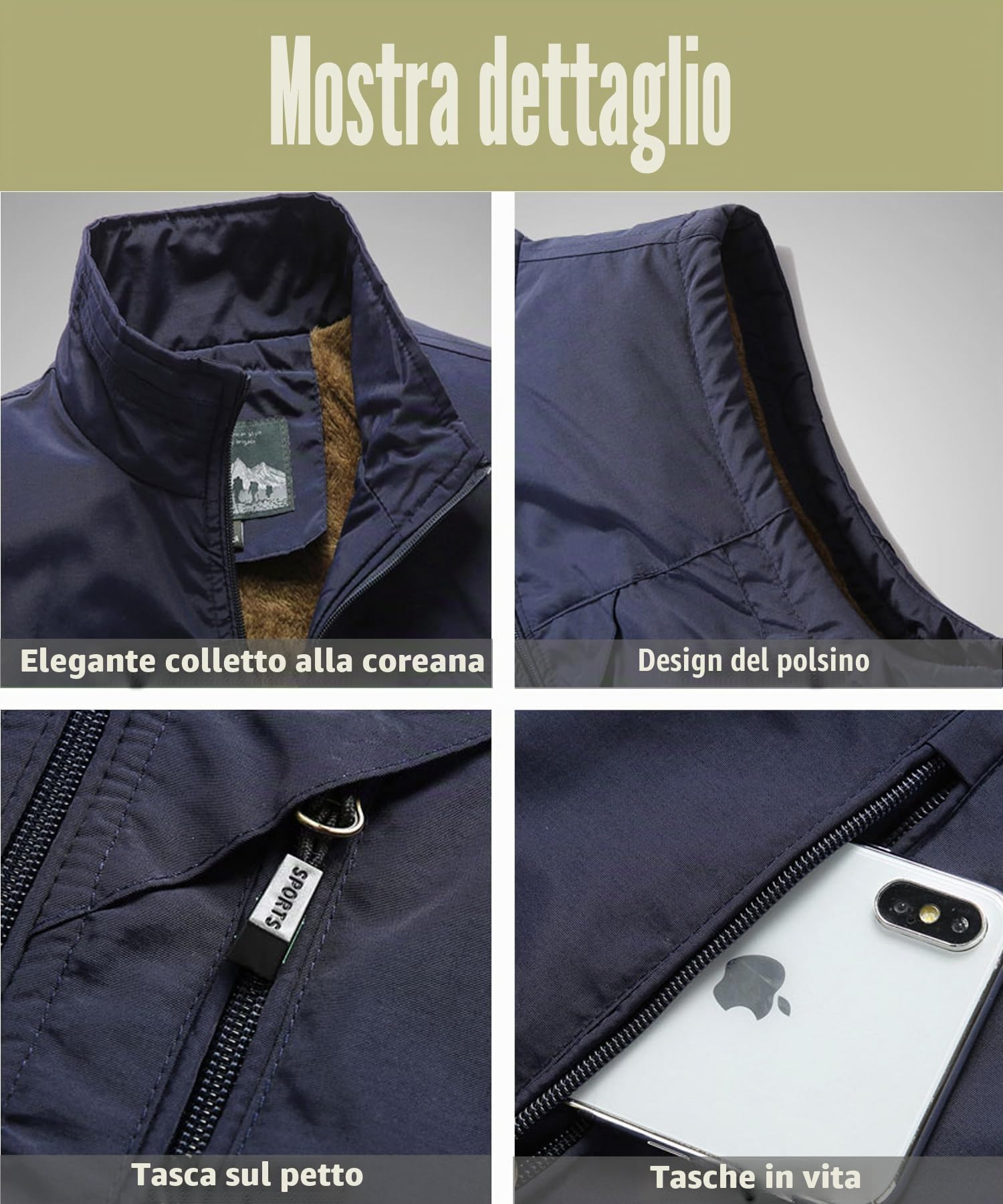Gilet in Pile da Uomo Invernale Antivento Colletto Rialzato Giacca Senza Maniche Gilet da pesca All'aperto Termico Giubbotto da lavoro Casual Trapuntato Sportivo Cappotto