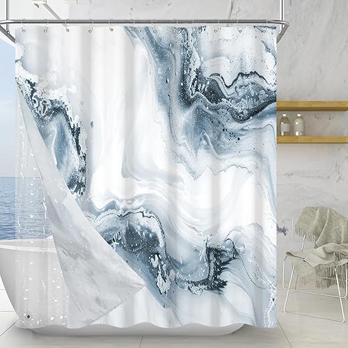 Miniatura 20 de Cortina de ducha sin gancho con forro a presión, mármol azul, textura moderna de tinta grieta, cortina de ducha de doble capa, tela impermeable,