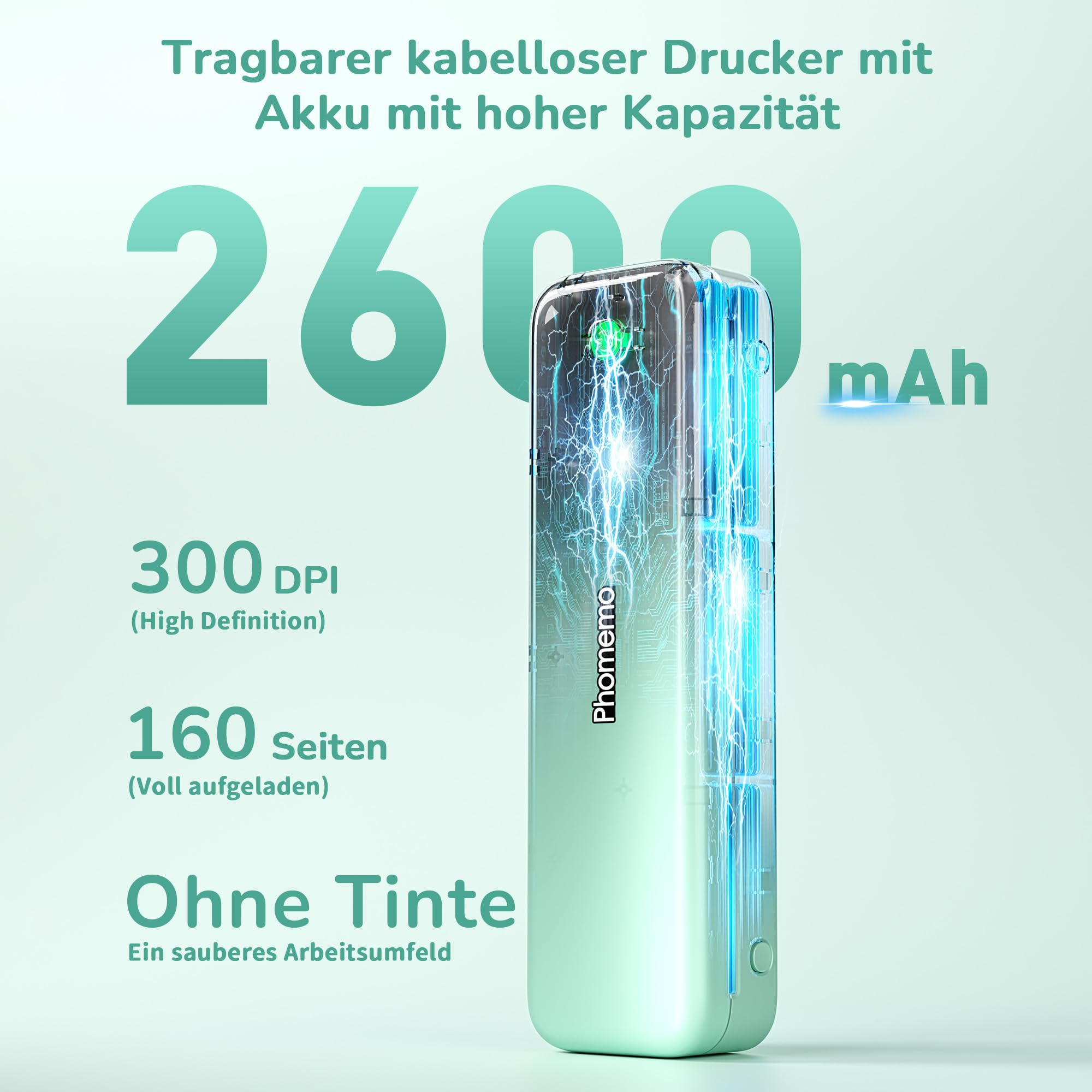 Phomemo Tragbarer Mobiler Thermodrucker A4 300 DPI - M834 Grünes Set – Bild 3