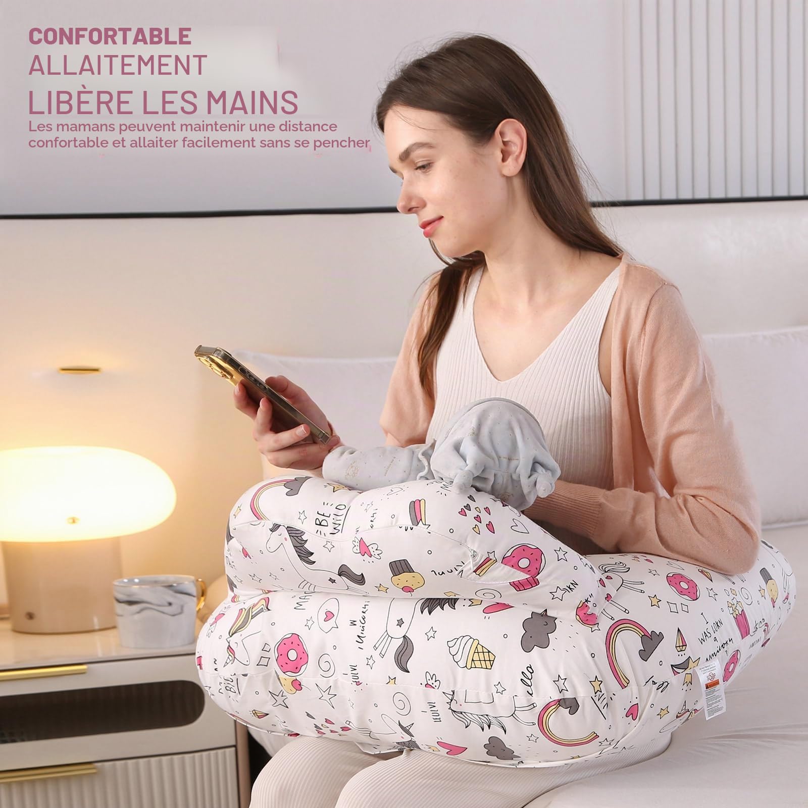 Coussin d'Allaitement pour Bébé : Coussin de Grossesse avec Ceinture de Taille Ajustable, Coussin d'Allaitement pour Bébé, Doux et Confortable, Lavable pour les Nouveaux-Nés (Donut Arc-en-Ciel)