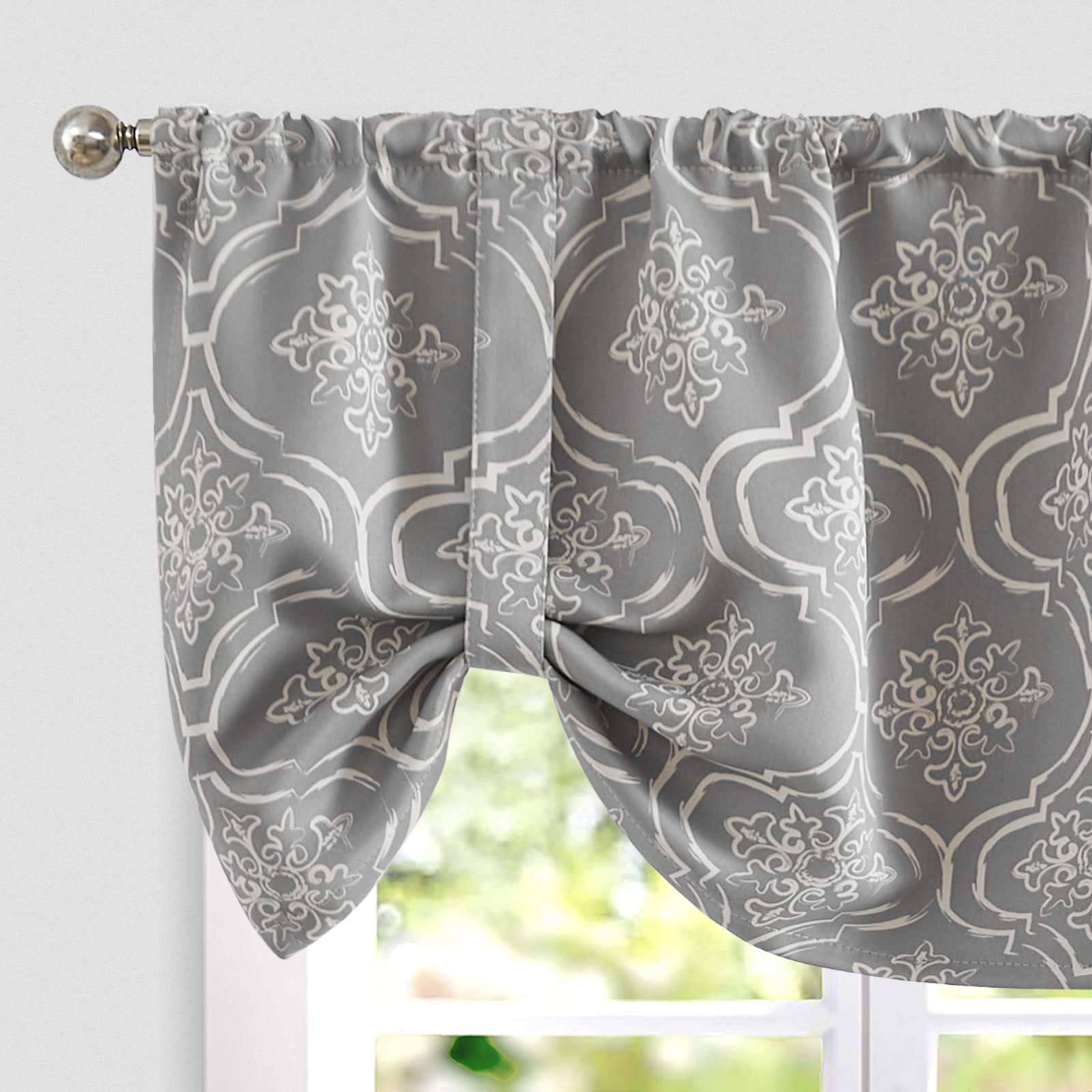 jinchan Tie Up Valance Curtain Moroccan Tile Print Valance for Kitchen Quatrefoil Blackout Window Valance Adjustable Thermal Insulated Tie-up Shade 18 Inch Rod Pocket for Living Room 1 Panel Grey