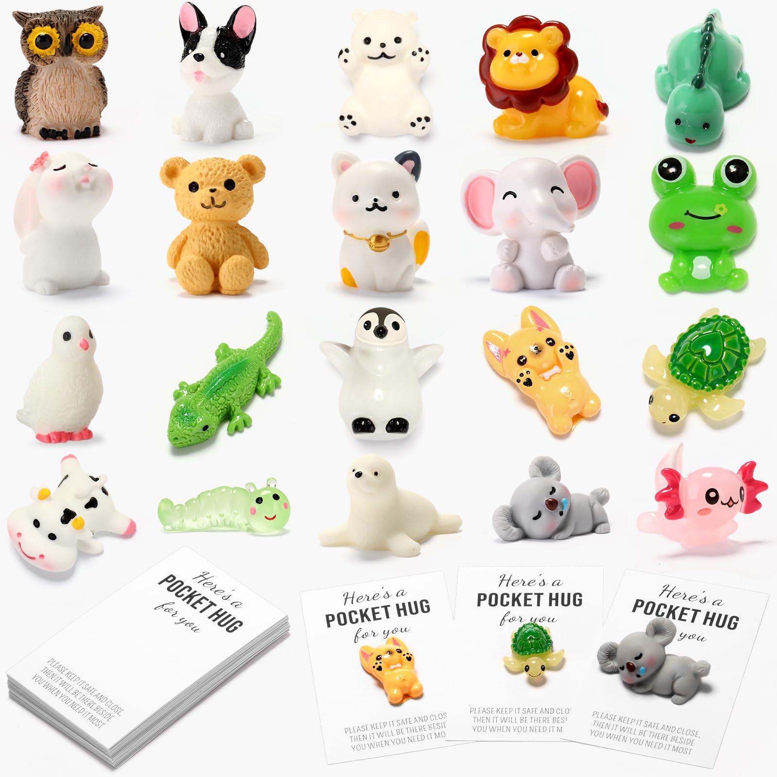 Wonderjune 20 Sets Valentine's Day Pocket Hug Token Gifts Bulk Mini Resin Animals with Pocket Hug Cards Bulk for Friend Boyfriend Girlfriend (Classic)
