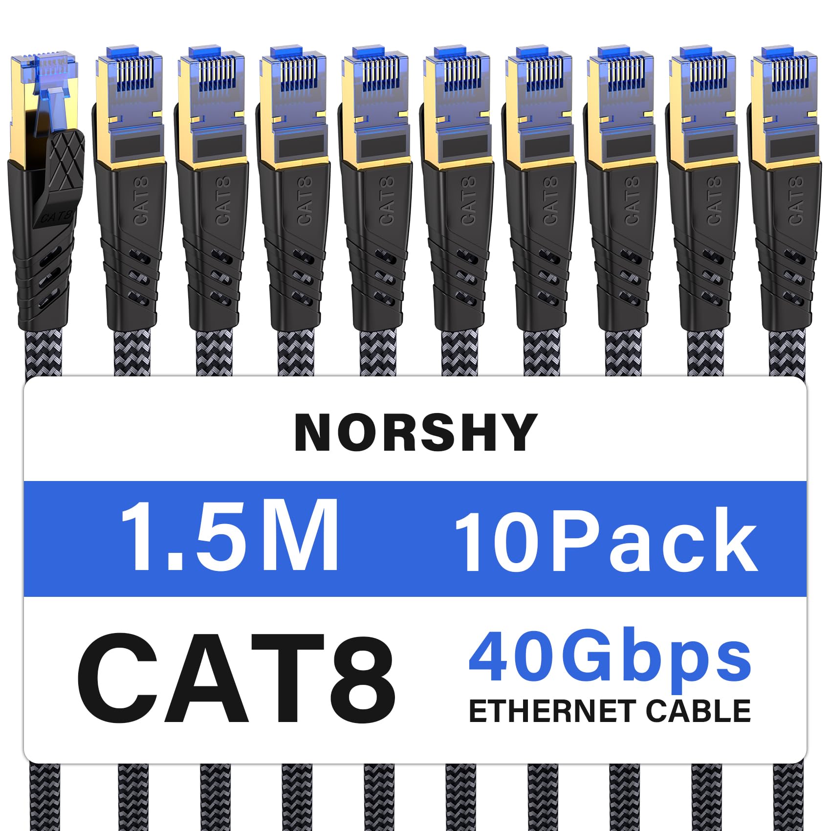 NORSHY Cat 8 LAN Kabel, 40Gbps Netzwerkkabel 2000MHz Gigabit Hochgeschwindigkeits Internetkabel, Flach S/FTP RJ45 Kabel Geflochtener Patchkabel für PS5/PS4, Switch,TV, PC, Modem, Router