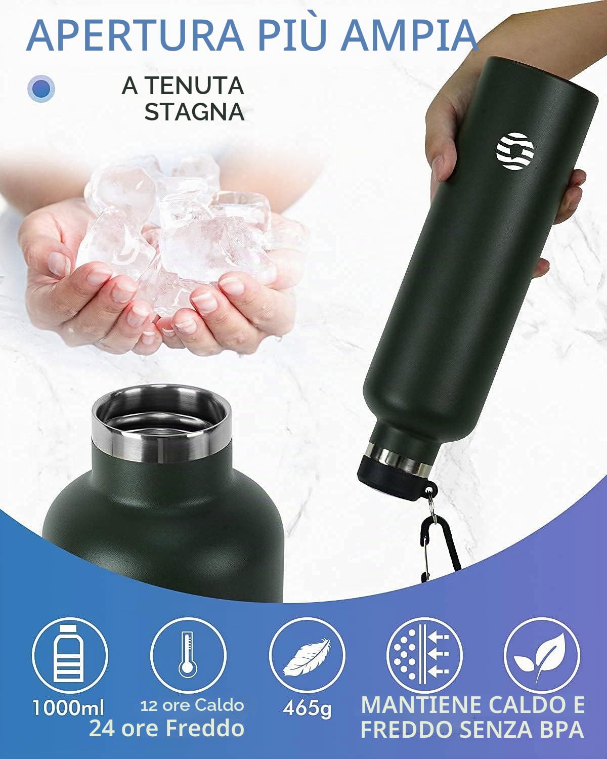 FEIJIAN Borraccia Termica in Acciaio Inox 750ml/1L + Zaino, Facile da pulire, Bottiglia Termica Senza Perdite - Senza BPA Borracce, per Scuola, Sport, Campeggio, Yoga, Palestra