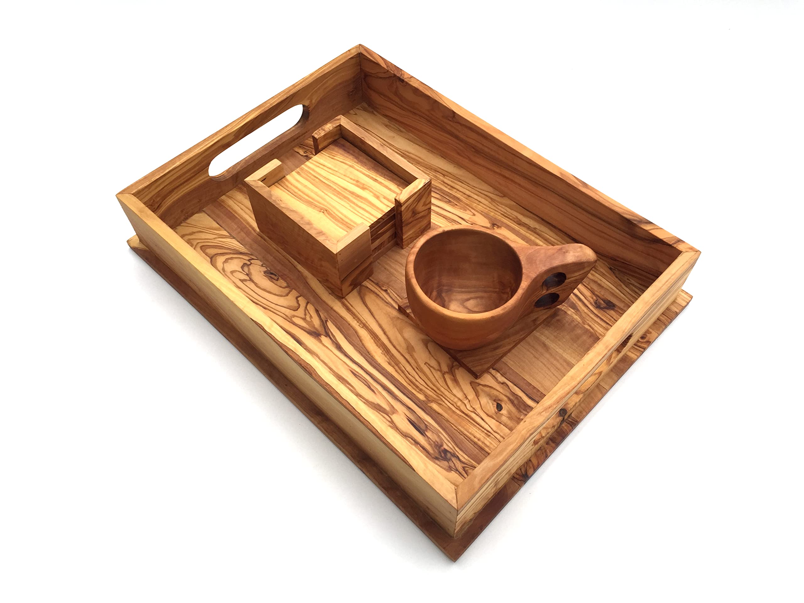 Bandeja para servir con 2 asas, rectangular, longitud 40 cm, bandeja de madera, hecha a mano de madera de olivo, regalo de alta calidad