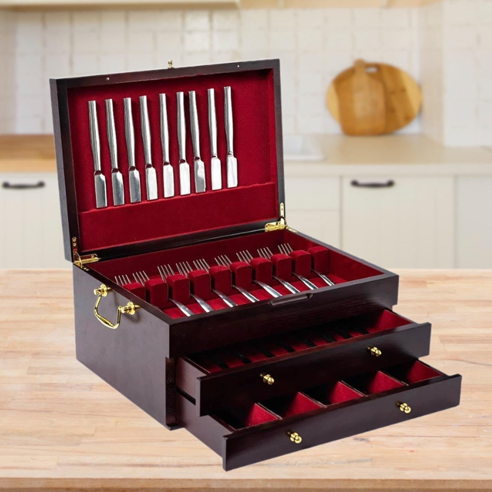 Coffret à Couverts en Bois avec Poignée, Boîte Rangement Multifonctionnelle pour Argenterie, Couverts Restaurant, Coffret Bois Doublé Feutre pour Cuisine, Maison, 3 Niveaux
