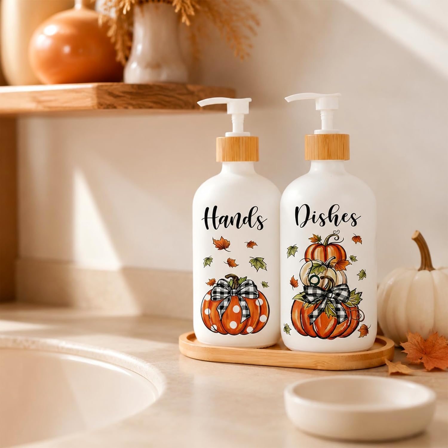 AnyDesign 2 Pcs Fall Soap Dispenser with Pump, Plaid Pumpkin, Hands Dishes