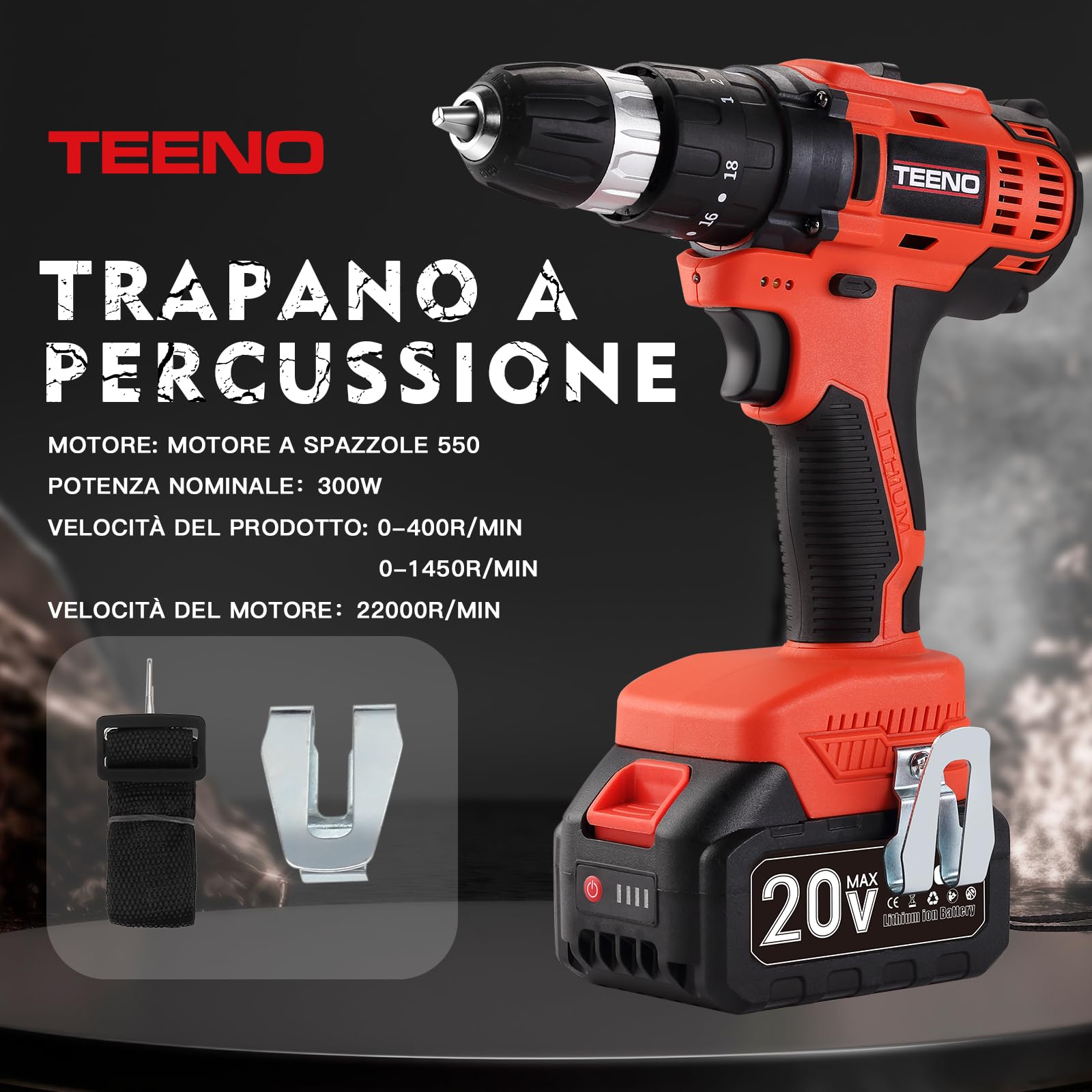 TEENO Kit di utensili 3 pezzi (smerigliatrice angolare senza spazzole + chiave inglese senza spazzole + trapano a percussione) Batteria da 20 Volt 3Ah*2, adatta per auto e casa