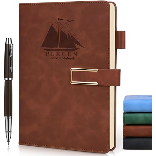 Brown Leather Lined Notebook Journal for Women Men，A5 Hardcover Notebooks for Work，Note taking，Travel，Daily Journals for Writing，160 Pages 100 GSM Thick Ruled Paper with Pen Diary 5.7" x 8.2"