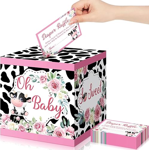 Ctosree 50 boletos para rifas de pañales de vaca rosa con caja de tarjetas, decoración de baby shower, kit de juego de rifa de pañales, caja de