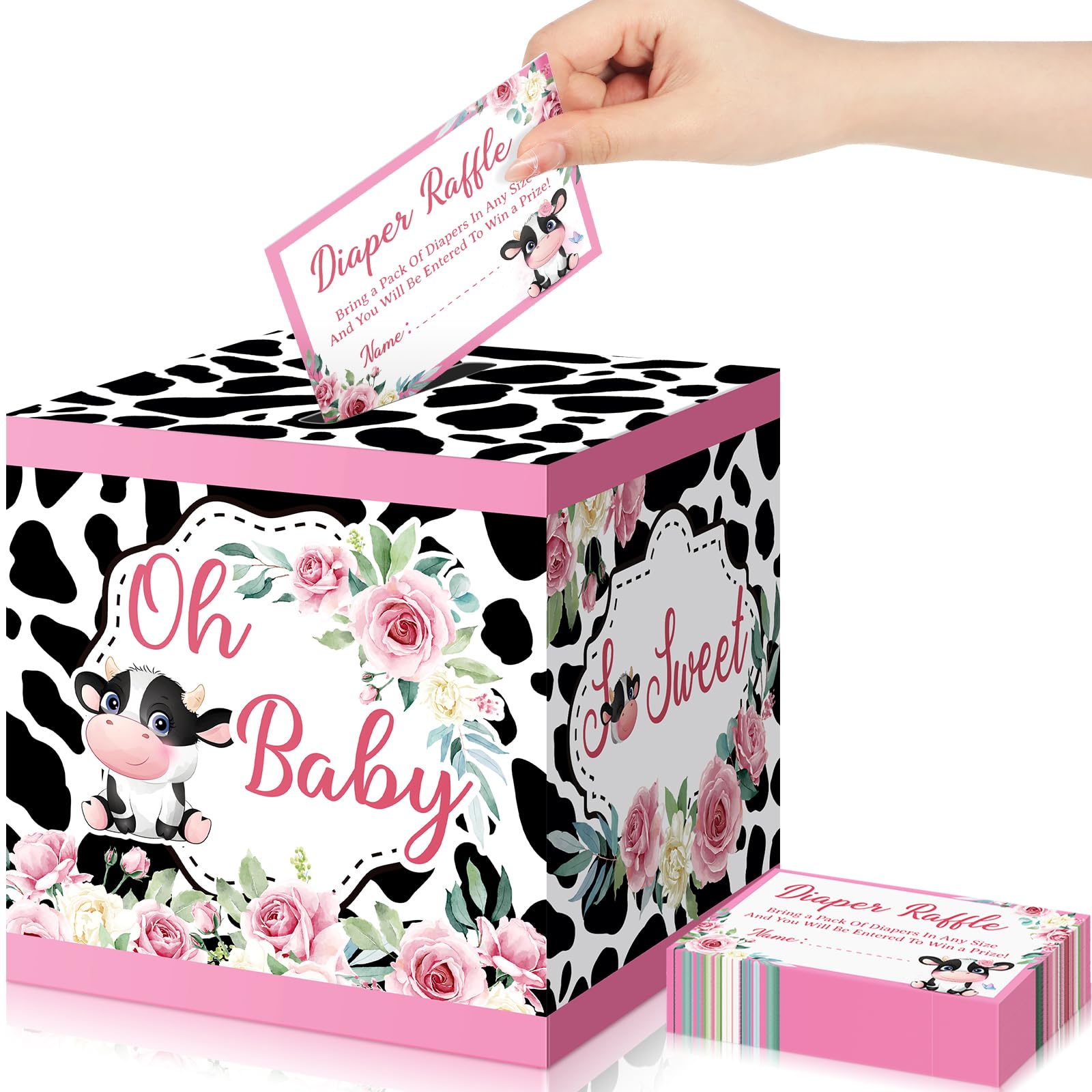 Ctosree 50 Pcs Pink Cow Diaper Raffle Tickets with Card Box Cow Baby Shower Decoration Diaper Raffle Game Kit Baby Shower Holder Box for Girl Gender Reveal Party Favor Supplies