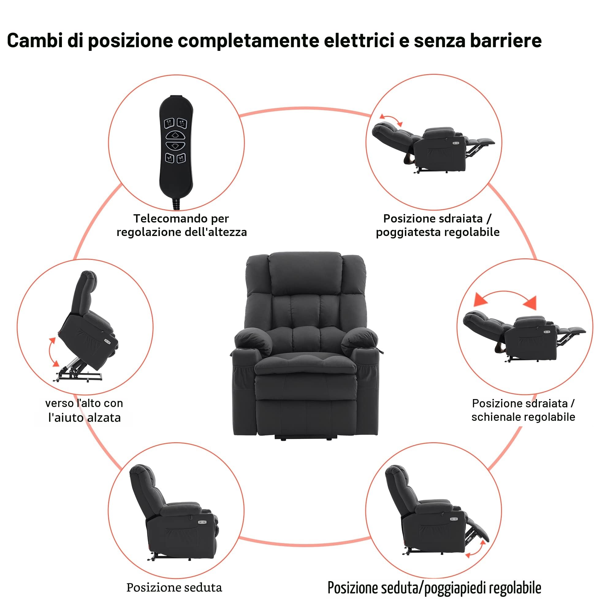 M MCombo Poltrona relax elettrica 7546 con 3 motori, regolabile separatamente, posizione sdraiata fino a 165°, poltrona TV con USB, per anziani soggiorno (microfibra grigio scuro)