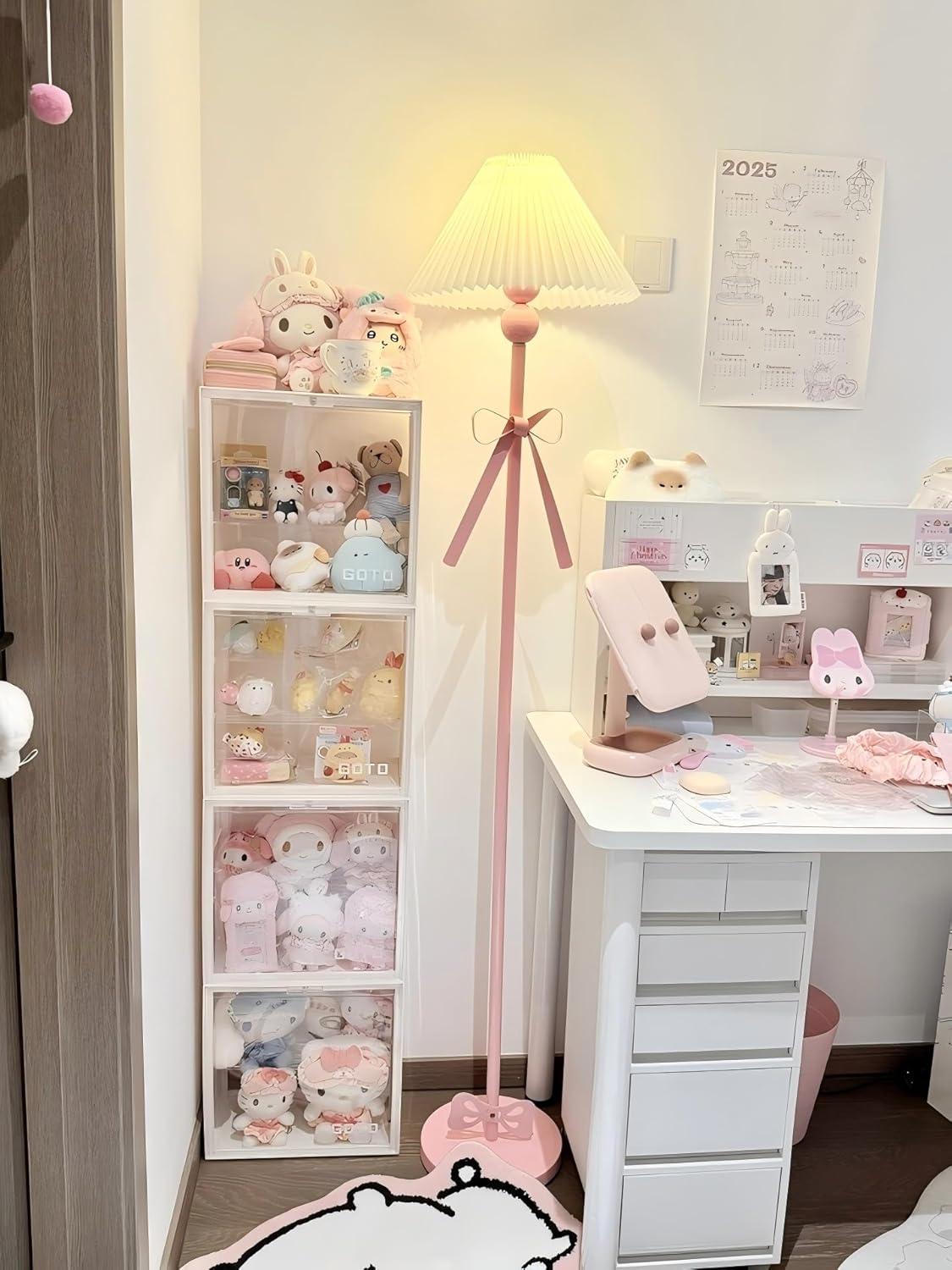 Pink Floor Lamp, Modern Corner Tall Lamp with Pleated Fabric Shade, E26 Base, Cute Bow Standing Lamp for Living Room Bedroom Girl's Room Decor