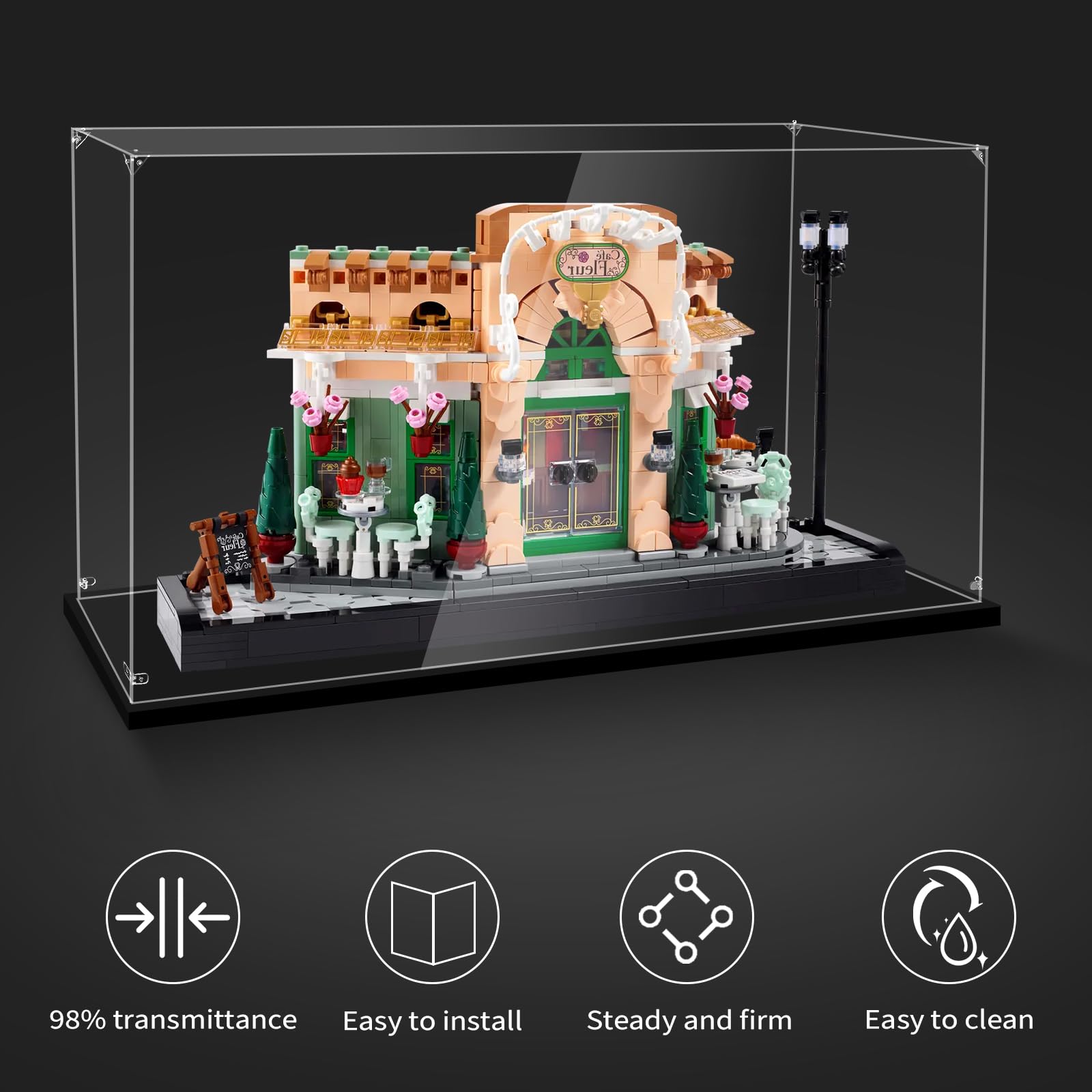 LILIKAKA Acrylic Display Case for Lego 10362 French Café, 42107 Ducati Panigale V4 R, 42170 Kawasaki Ninja H2R, 75376 Tantive IV, 75377 Invisible Hand or 21034, 14.17x5.51x7.87inches (36x14x20cm)