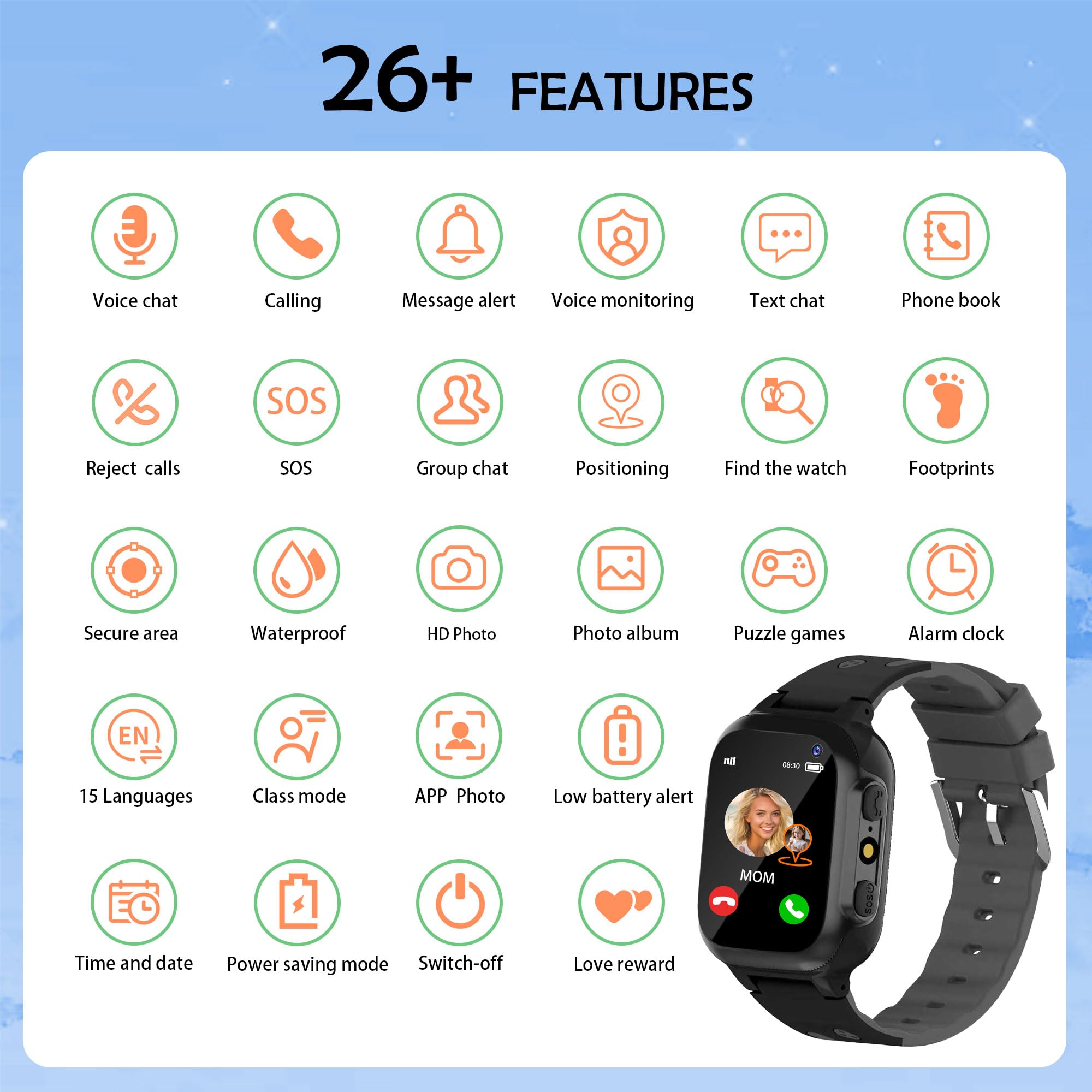 Smartwatch Bambini con GPS Torcia Chat Vocale Telefono SOS Giochi
