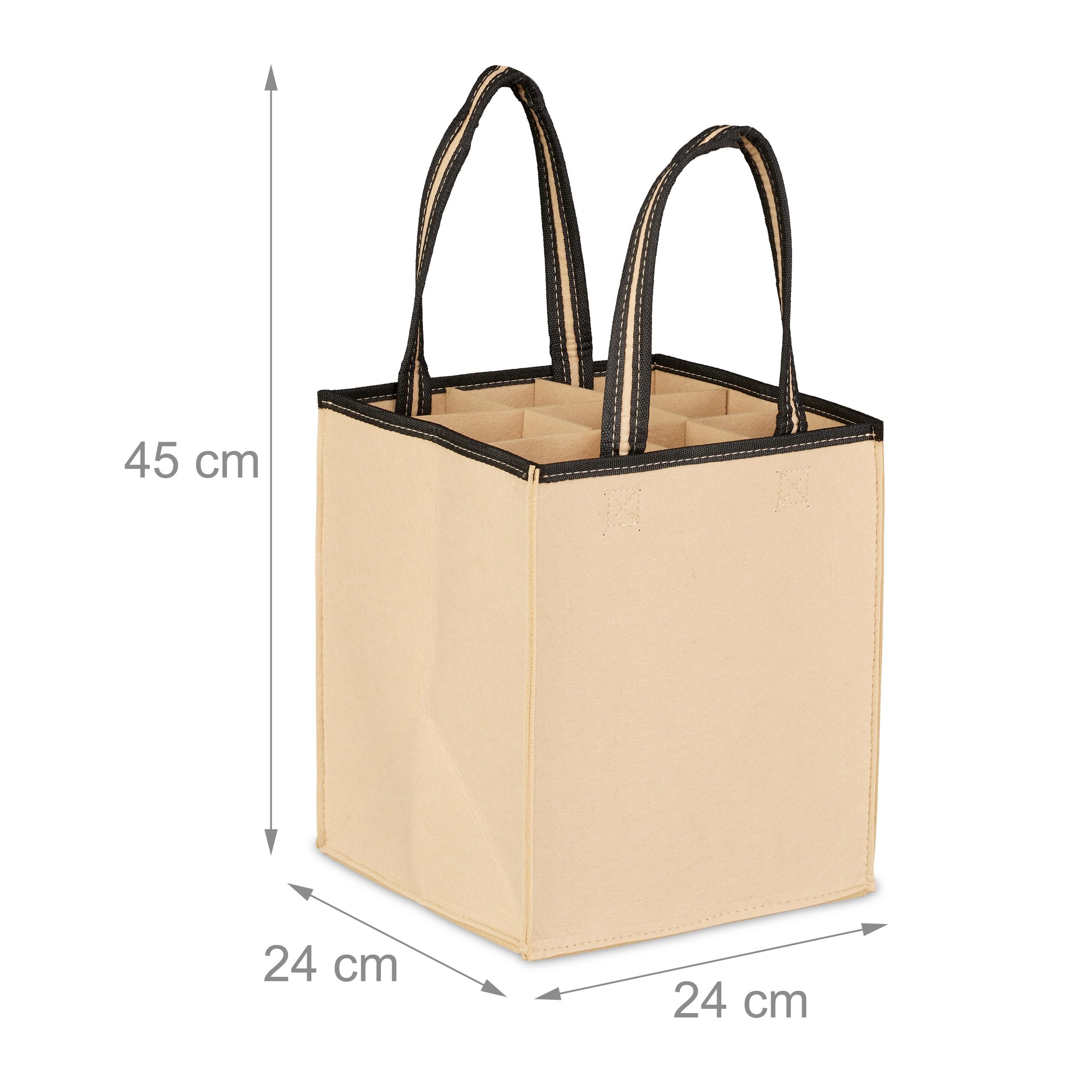 Relaxdays 9 Bolsas para 9 Botellas, Portabotellas de Fieltro, para Transportar la Compra, Cerveza, Agua, 45 x 24 x 24 cm, Beige