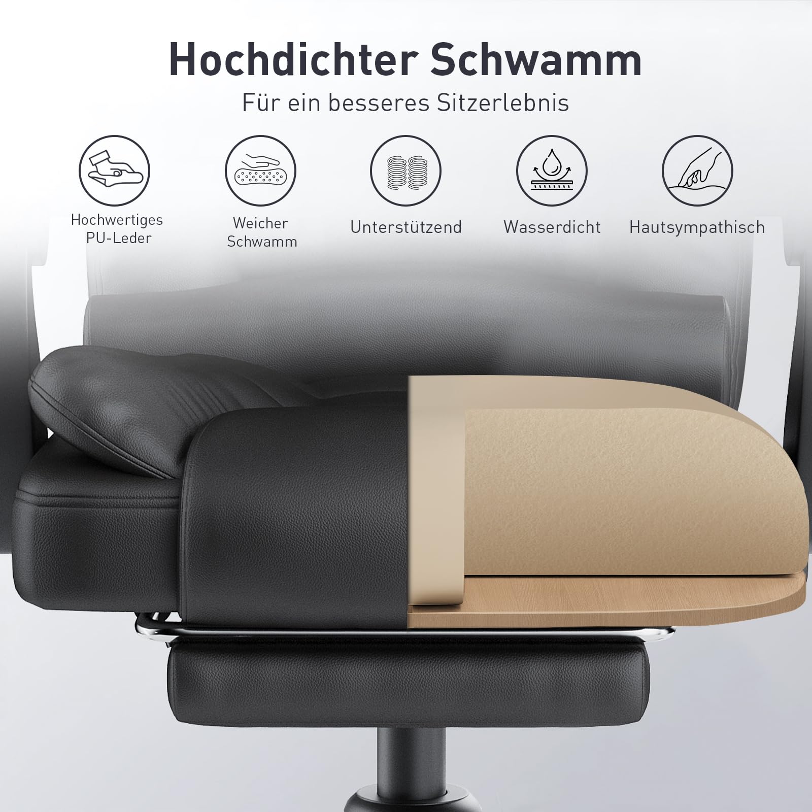 rattantree Bürostuhl Mit Fußstütze, Schreibtischstuhl Ergonomisch, PU Leder Computerstuhl mit Gepolsterter Armlehne und Weiche Kopfstütze, Neigungsfunktion, Höhenverstellbar, Chefsessel, Schwarz