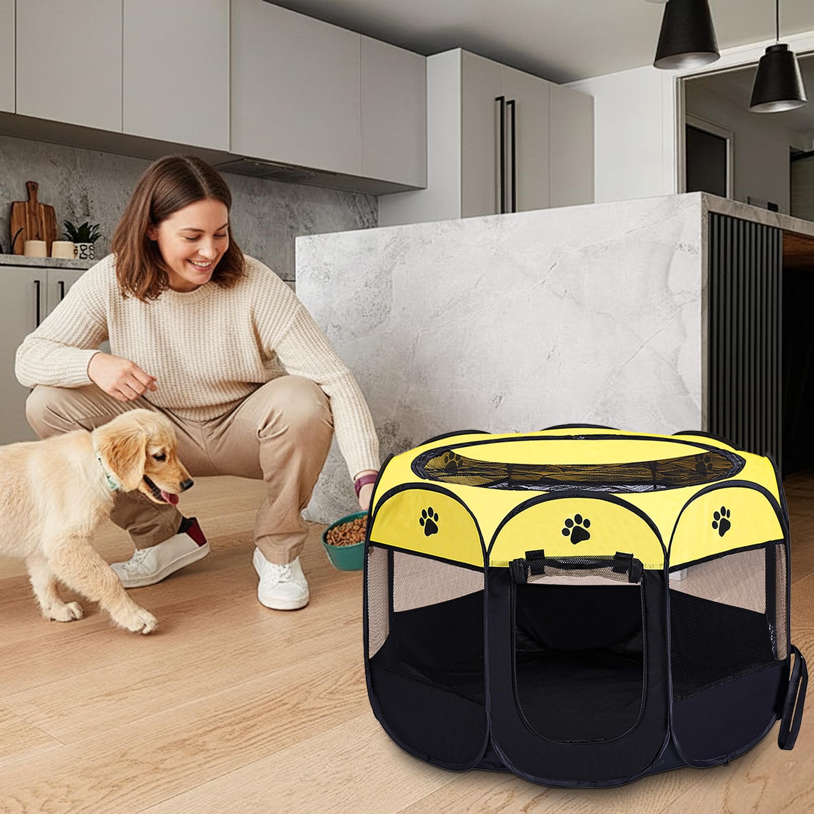 Recinzione per cuccioli, pieghevole, 74 x 74 x 43 cm, portatile, per piccoli animali, per interni ed esterni, per cani, gatti, coniglietti (giallo)