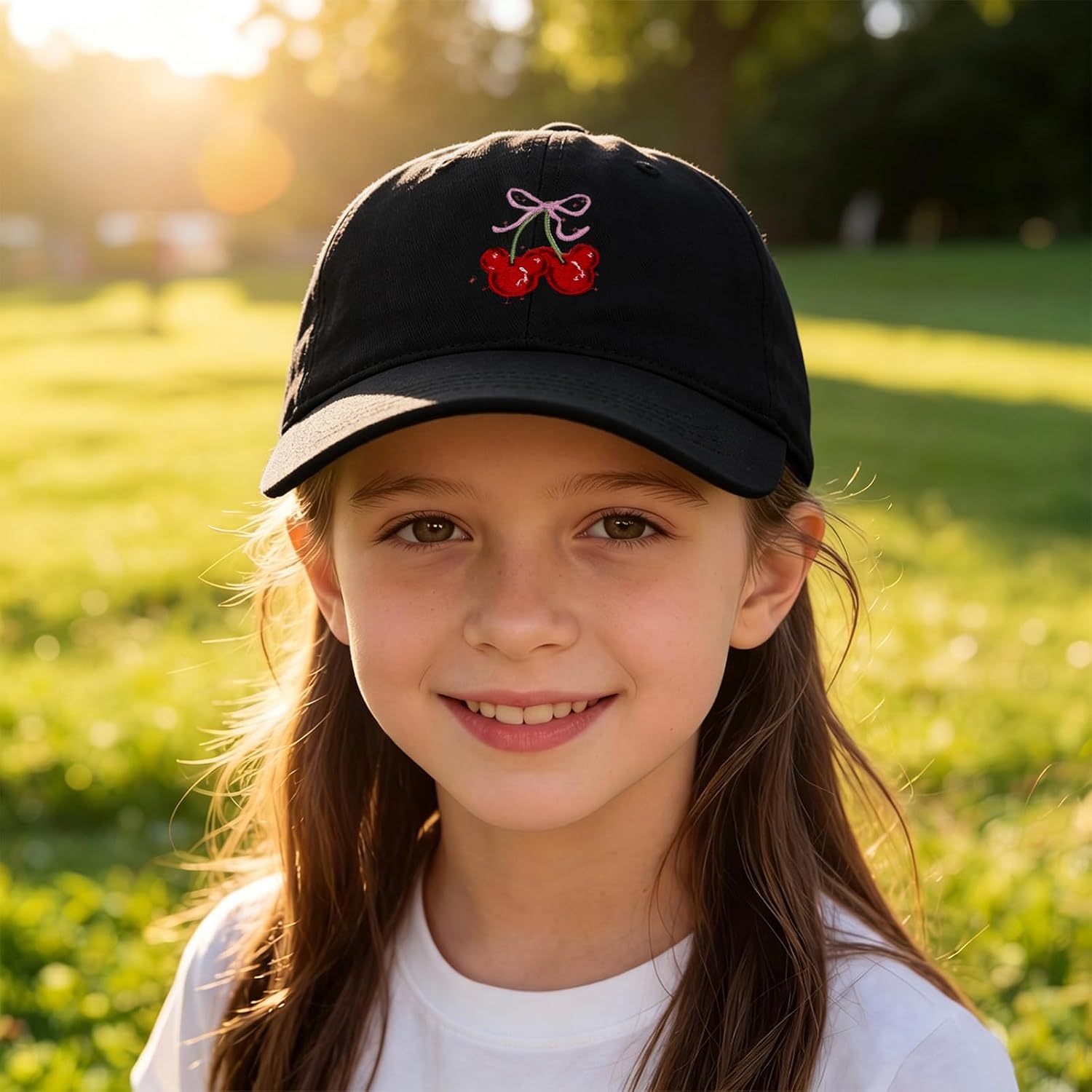 Girls Baseball Cap Kids Cherry Bow Graphic Ponytail Hat Trucker Pony Hats Cute Adjustable Criss Cross Caps
