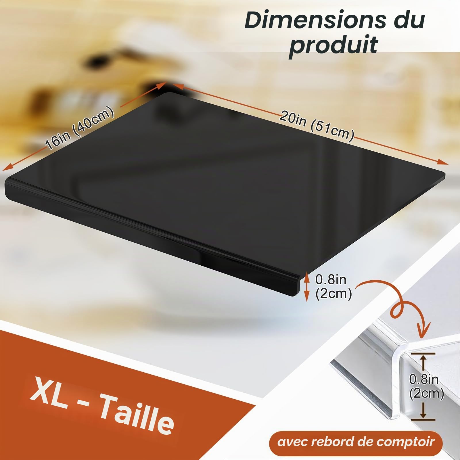 Planche à découper acrylique JJL avec lèvre de comptoir, Noir, 51 x 40 cm - Sans Bisphenol A (BPA), Antidérapante, Hygiénique, Protège vos comptoirs de cuisine, Idéal comme cadeau créatif