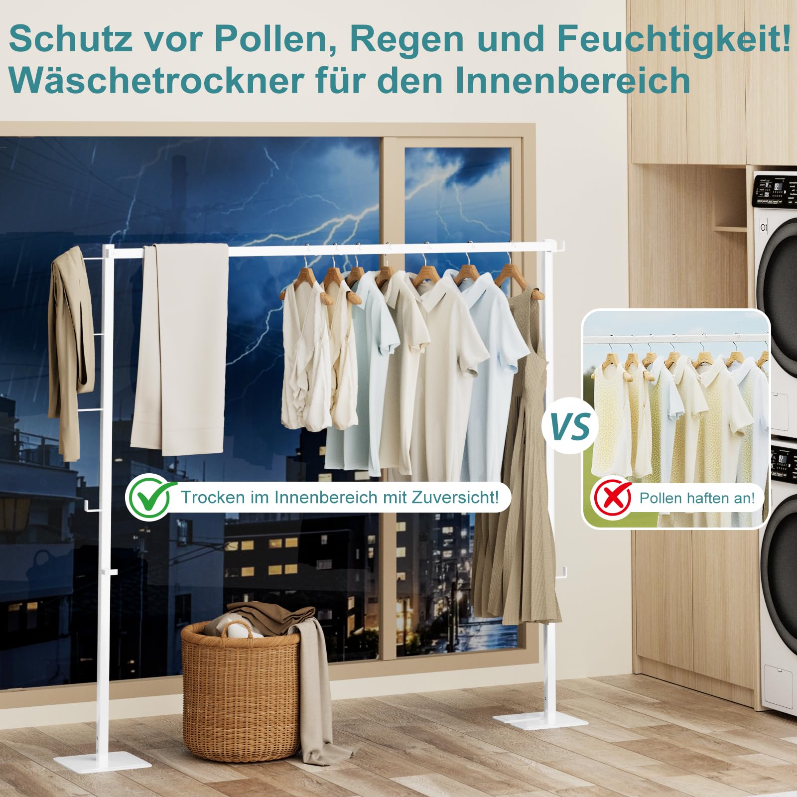 JAUREE Faltbarer Wäscheständer für innen/außen, platzsparend freistehender kompakter Standtrockner, Wäschestange für Bettlaken, Trockenständer, weiß