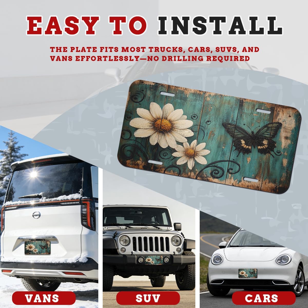 Nature Front License Plate Rustic Daisy Butterfly Wooden Car Decorative License Plates Aluminum Metal Decor Accessory Novelty Vanity Tag Cover with 4 Holes for Men Women 6" X 12" image 3
