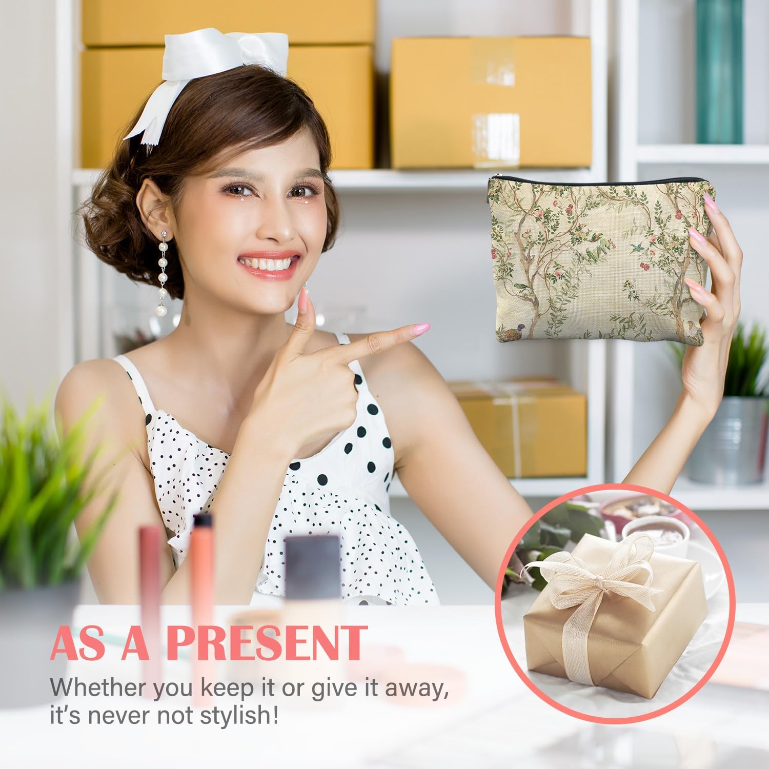 Vintage Chinoiserie Floral Bird Makeup Bag for Women, Retro Spring Flower Cosmetic Bag for Purse, Elegant Botanical Makeup Zipper Pouch - Image 6