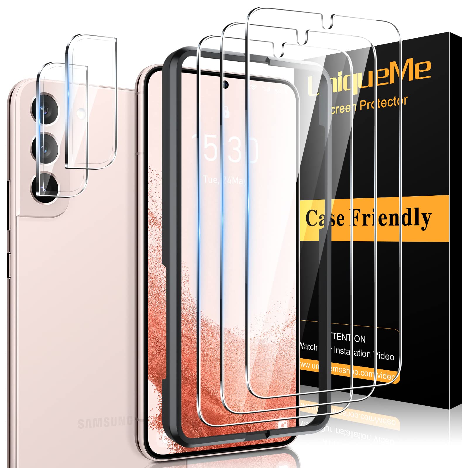 UniqueMe 5 Stück Schutzfolie für Samsung Galaxy S22 Plus, Schutzglas mit Positionierhilfe 3 Stück Panzer Schutz Glas und 2 Stück Kameraschutz, 9H Härte, HD Displayschutz, Blasenfrei, Kratzfestigkeit