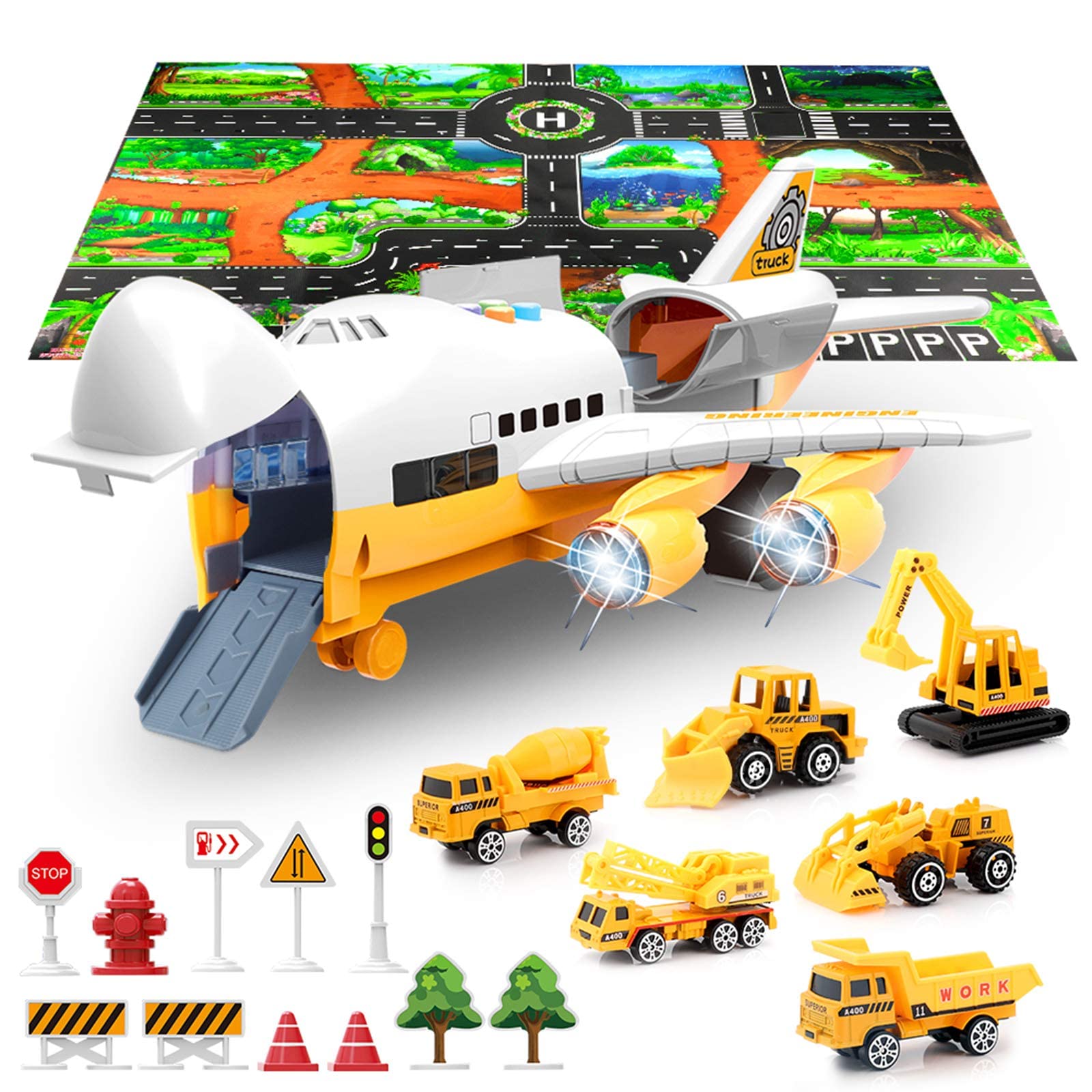 Car Toys Set with Transport Cargo Airplane and Large Play Mat, Mini Educational Vehicle Police Car Set for Kids Toddlers Boys Child Gift for 3 4 5 6 Years Old, 6 Cars, Large Plane, 11 Road Signs