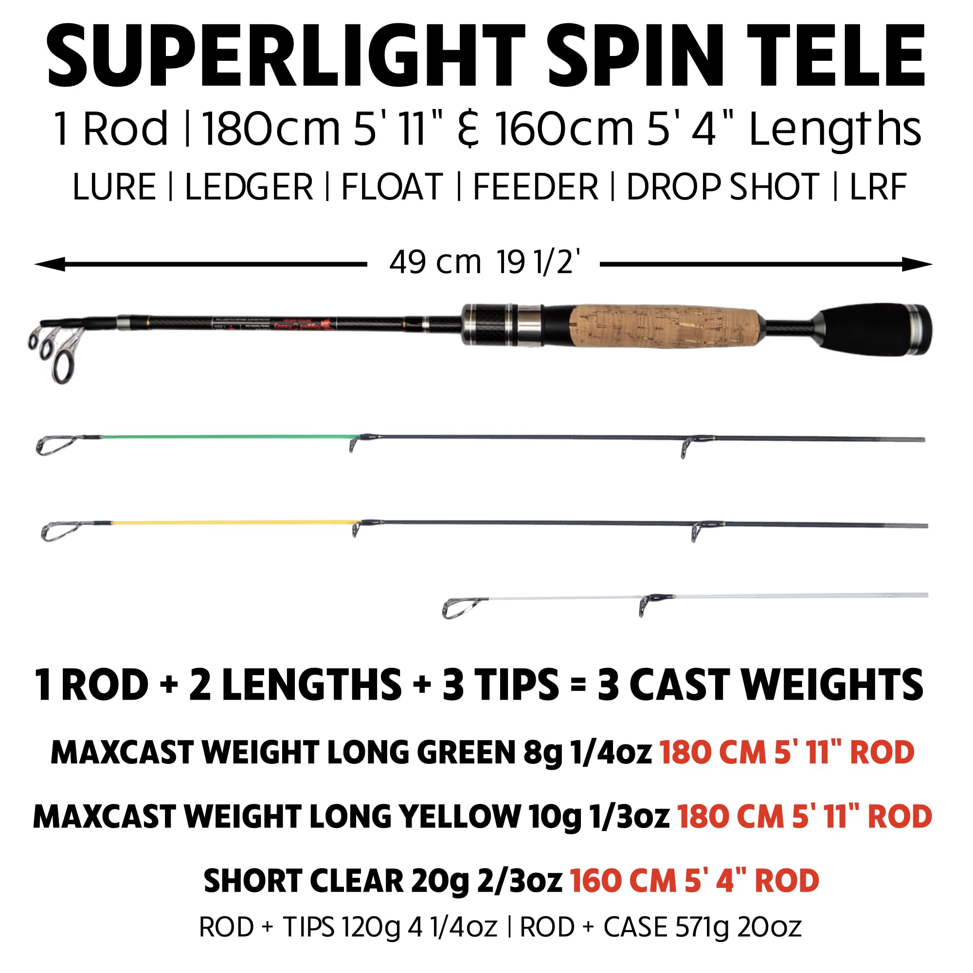 Rigged and Ready Fish Rig Super-Light Compact Travel Rods and Combo. 1 Spinning Multi-section,1 Telescopic Rod,1 Combination,3 Tip Poles & Case. Bass, Trout, Carp, Small Fresh & Saltwater Fishing