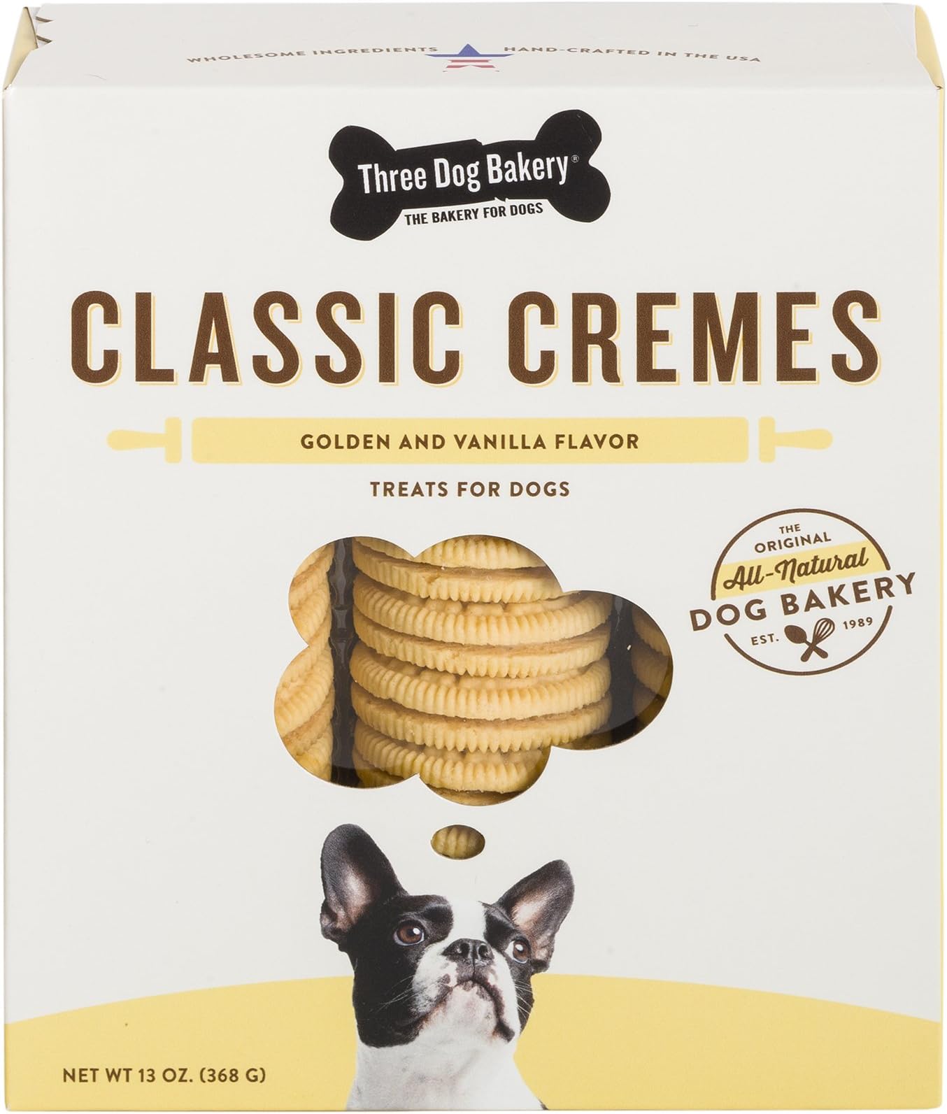 Three Dog BakeryClassic Cremes Baked Dog Treats, Golden With Vanilla Filling, 13 Oz