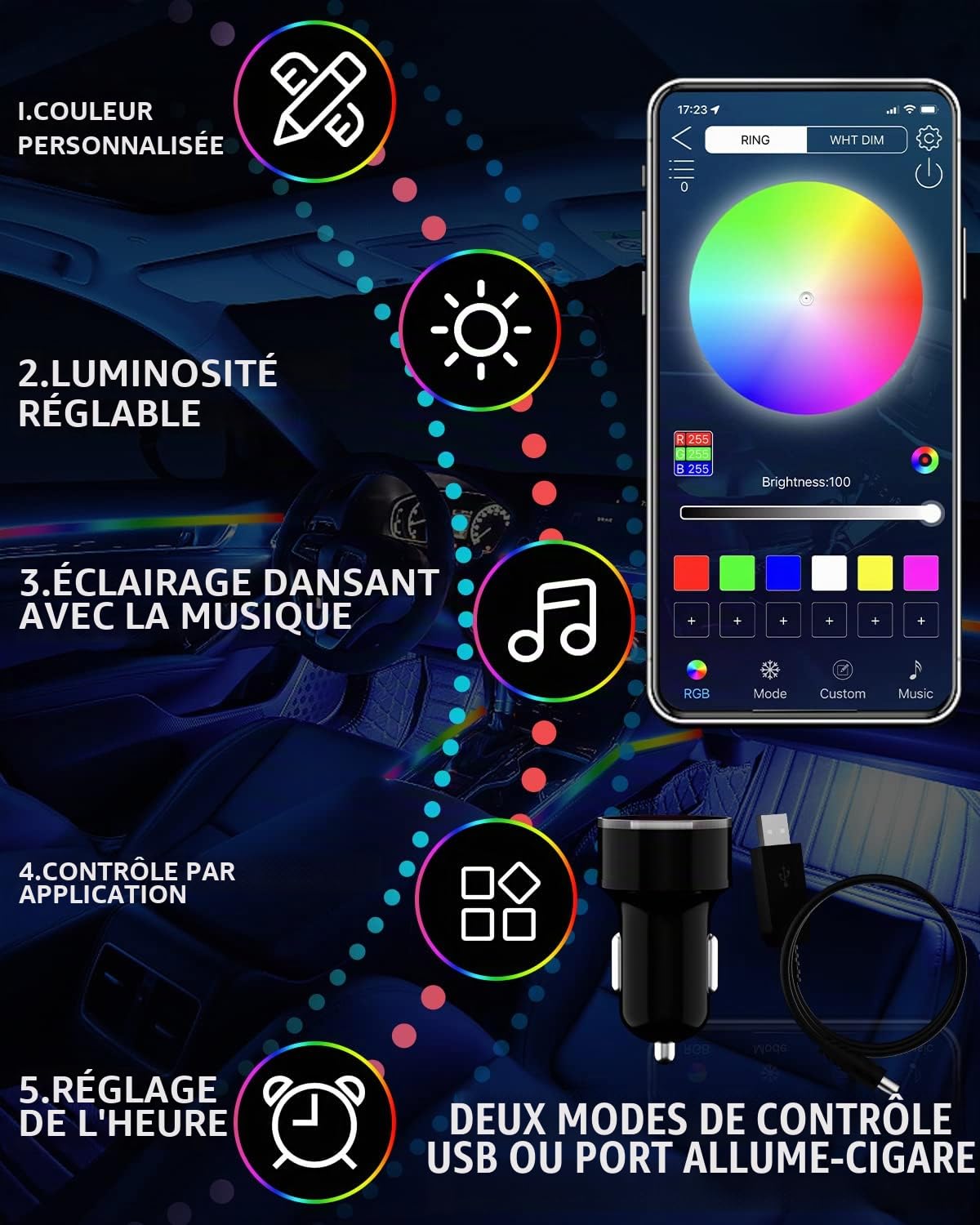 Bande LED Intérieur Auto avec APP, KEIUROT Éclairage Intérieur de Voiture Lumière de sous-éclairage de Voiture Améliorée Adhésif Fort Kits Musicale 2 in 1